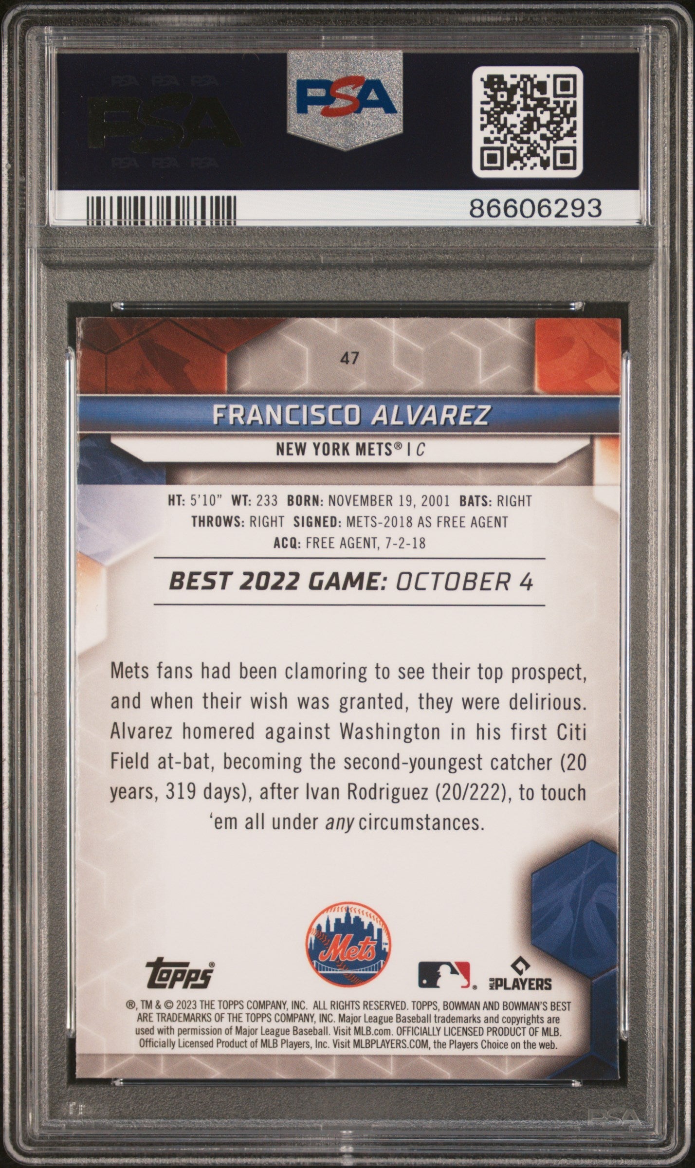 Graded 2023 Topps Bowmans Best Francisco Alvarez #47 Wave Rookie RC Baseball Card PSA 10 Gem Mint - Golden Apple Comics