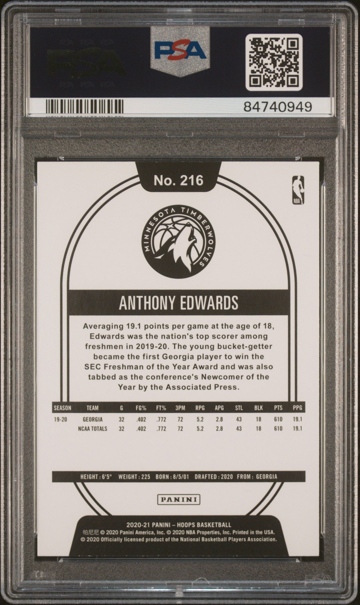Graded 2020-21 Panini Hoops Anthony Edwards #216 Teal Explosion Rookie RC Basketball Card PSA 10 Gem Mint