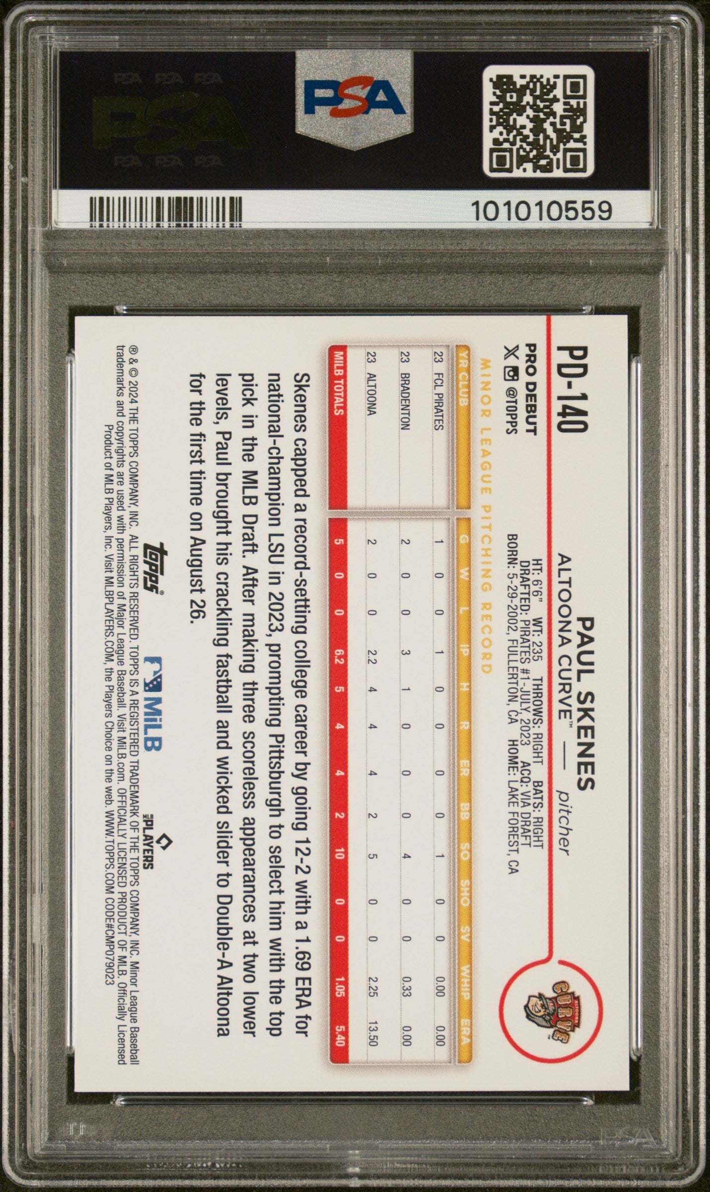 Graded 2024 Topps Pro Debut Paul Skenes #PD140 Rookie RC Baseball Card PSA 10 Gem Mint