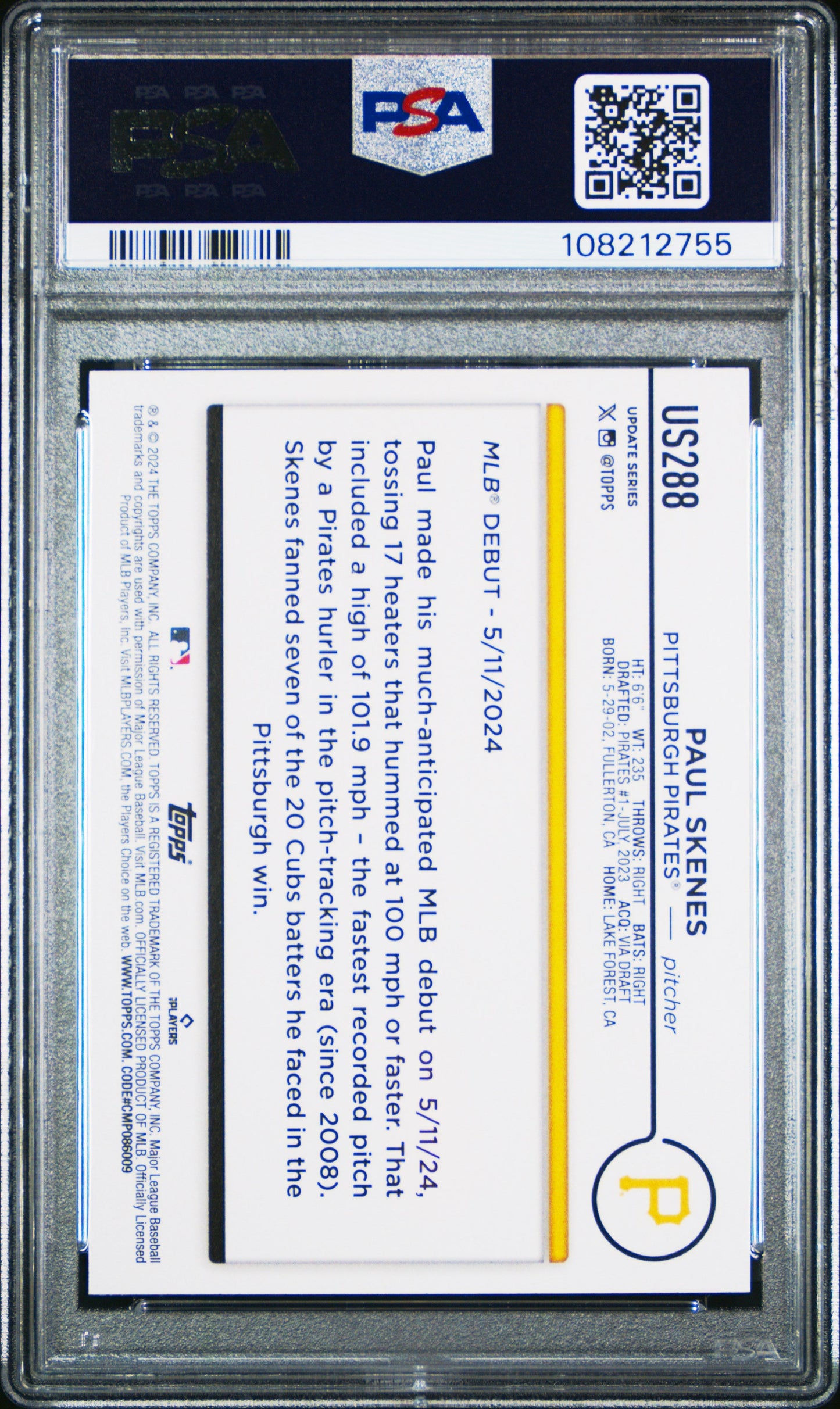 Graded 2024 Topps Update Paul Skenes #US288 Rookie RC Baseball Card PSA 10 Gem Mint