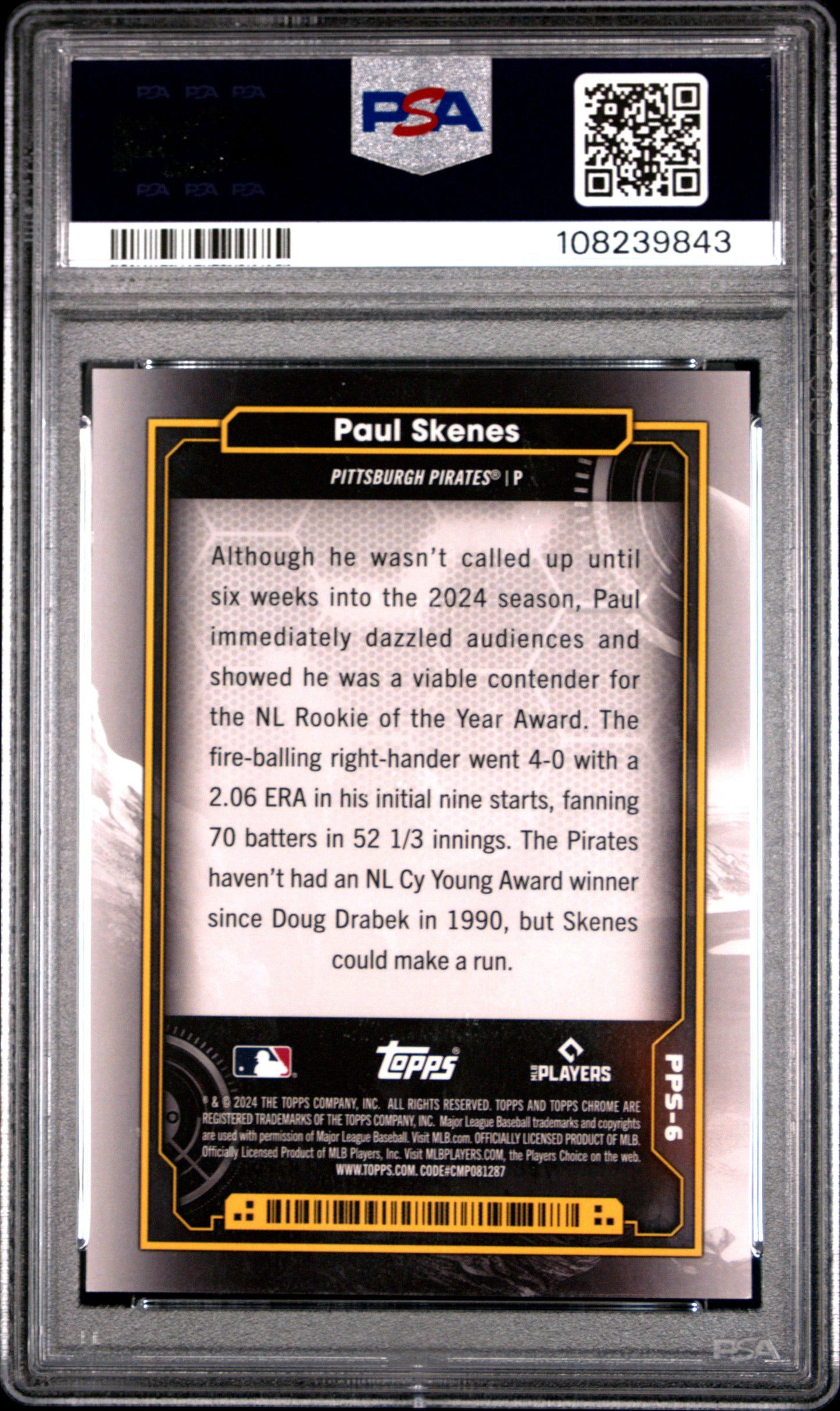 Graded 2024 Topps Chrome Cosmic Paul Skenes #6 Planetary Pursuit The Sun Rookie RC Baseball Card PSA 10 Gem Mint
