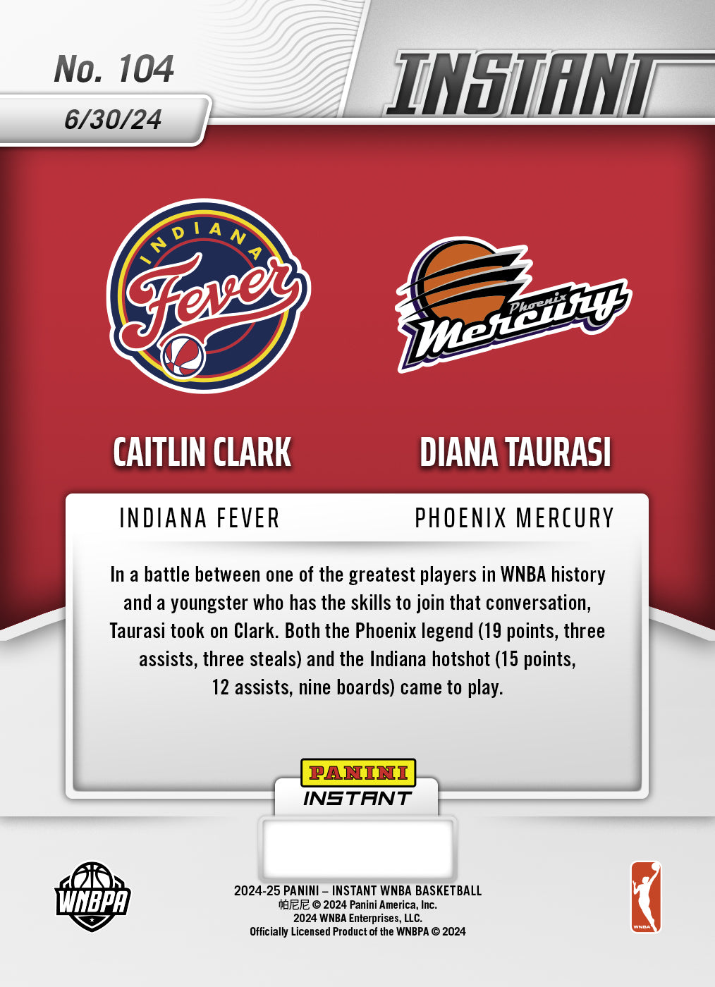 Caitlin Clark Diana Taurasi 2024 Panini Instant Fever WNBA Basketball Card 2024 #104 NM (08/07/2024)