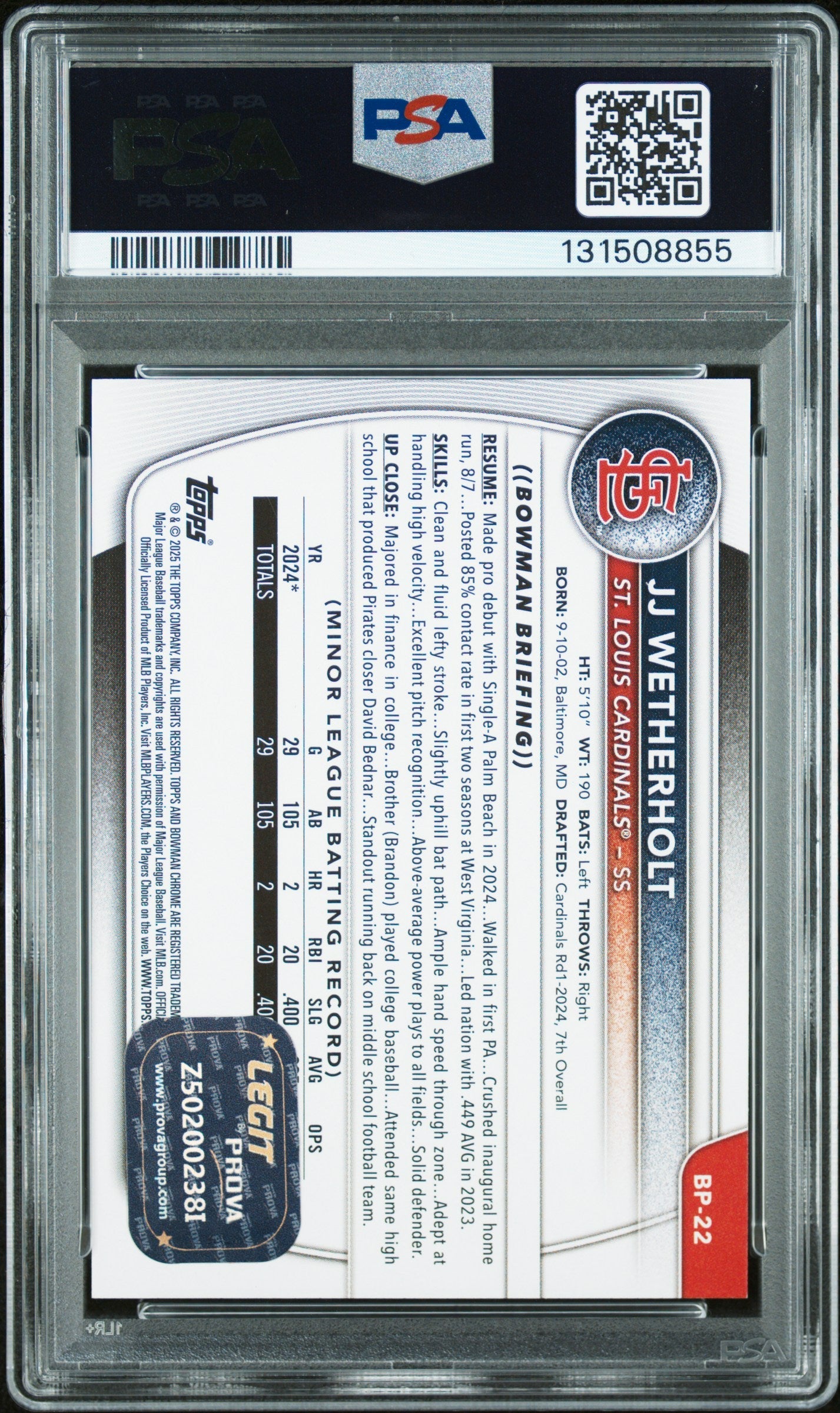 Graded 2025 Topps Bowman JJ Wetherholt #BP-22 Prospects Rookie RC Baseball Card PSA 10 Auto Grade Gem Mint
