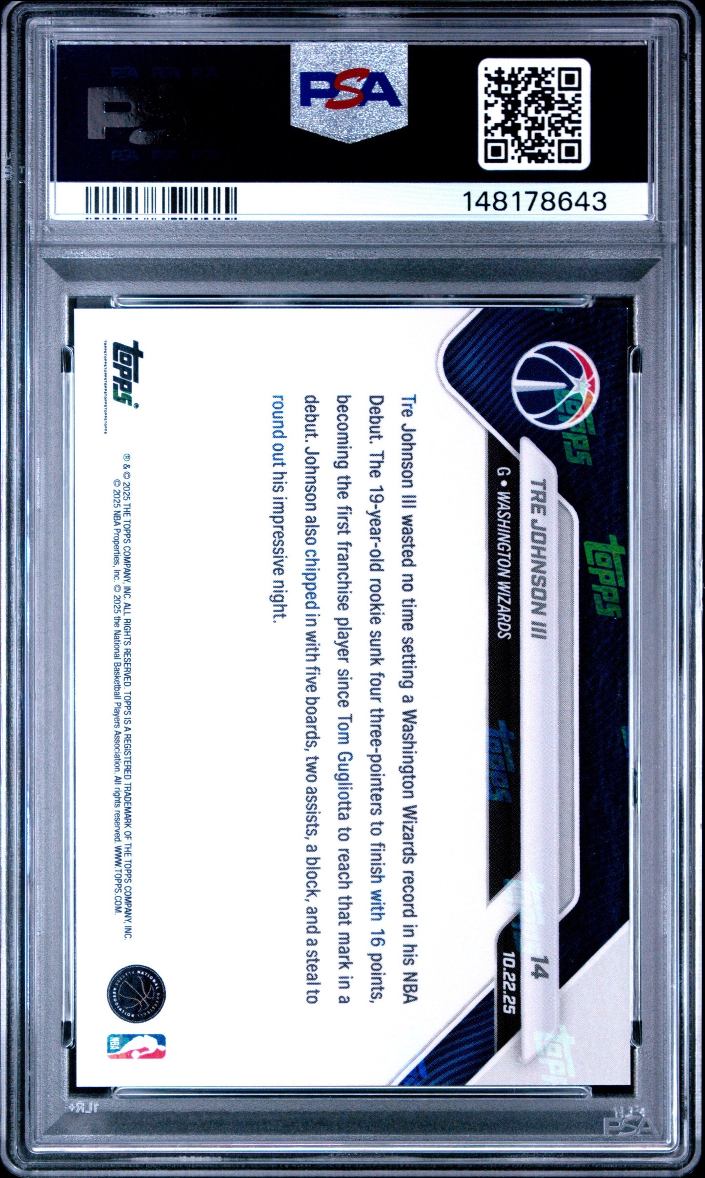 Graded 2025 Topps Now Tre Johnson III #14 Rookie RC Basketball Card PSA 10 Gem Mint