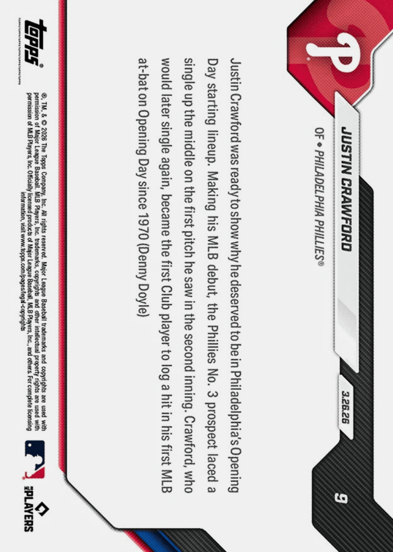 2026 Topps Now Justin Crawford #39 Gold Foil /50 Youngest Club Player with Walk Off Hit Since '97 Philadelphia Phillies Rookie RC Baseball Card