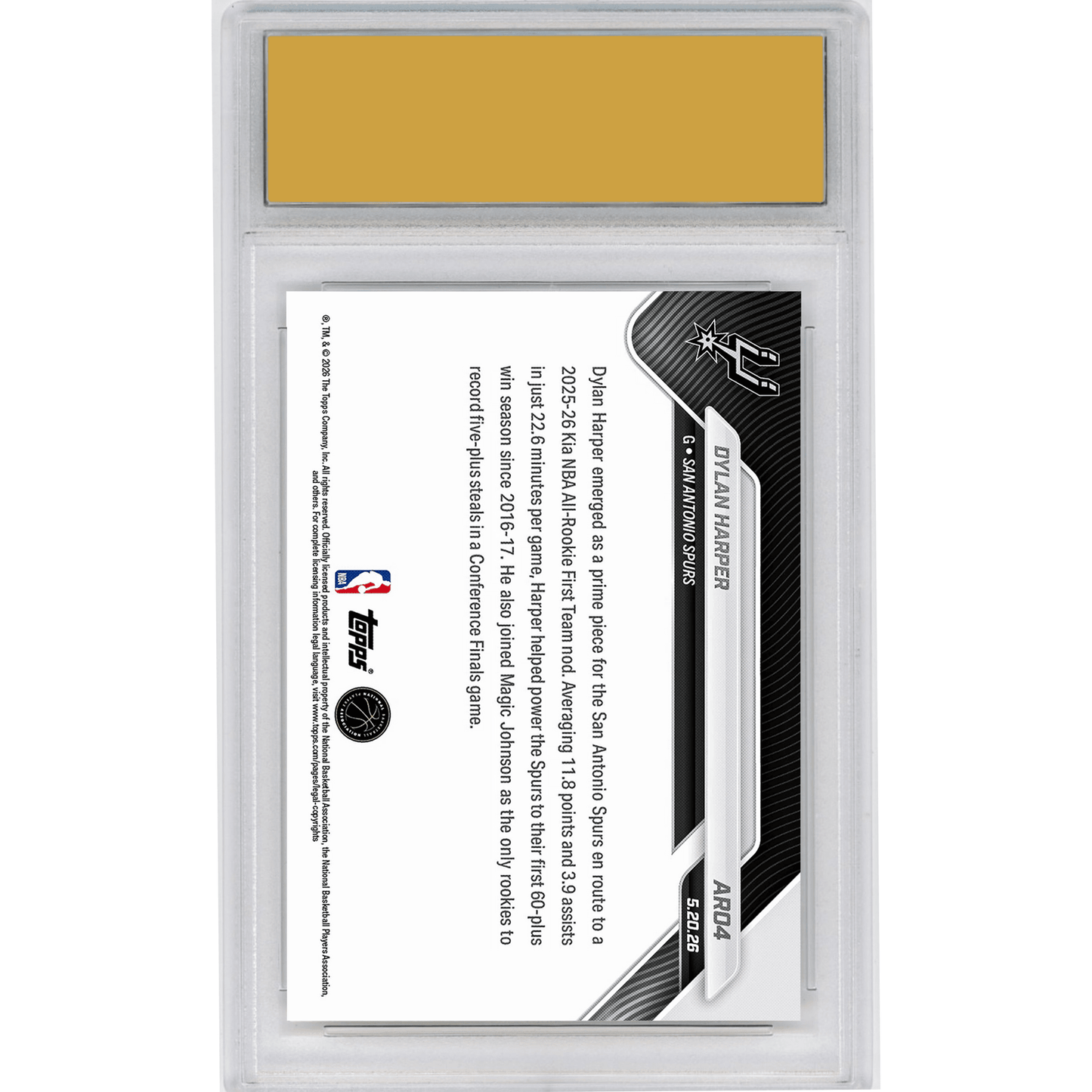 Graded 2025 Topps Now Dylan Harper #AR04 2025-26 KIA NBA All Rookie First Team Selection San Antonio Spurs Rookie RC Basketball Card HOFSM 10 Gem Mint