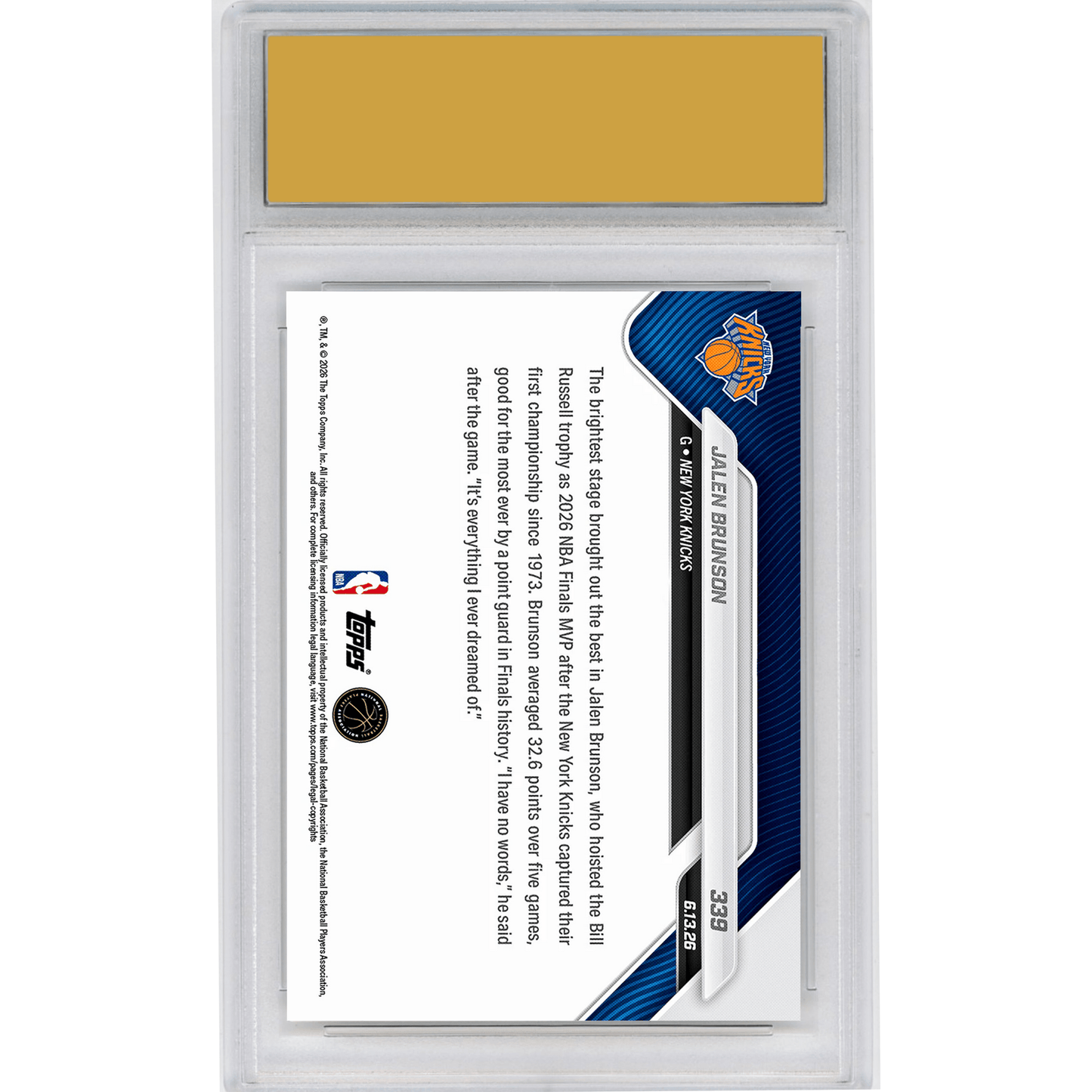 Graded 2025 Topps Now Jalen Brunson #339 2026 NBA Finals Most Valuable Player Basketball Card HOFSM 10 Gem Mint