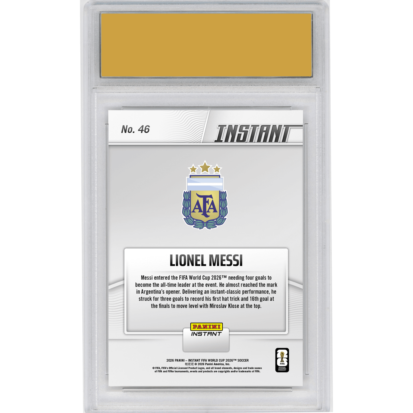 Graded 2026 Panini Instant FIFA World Cup Lionel Messi #46 Hats Off: Magical Messi Ties Goals Record Argentina Soccer Card HOFSM 10 Gem Mint