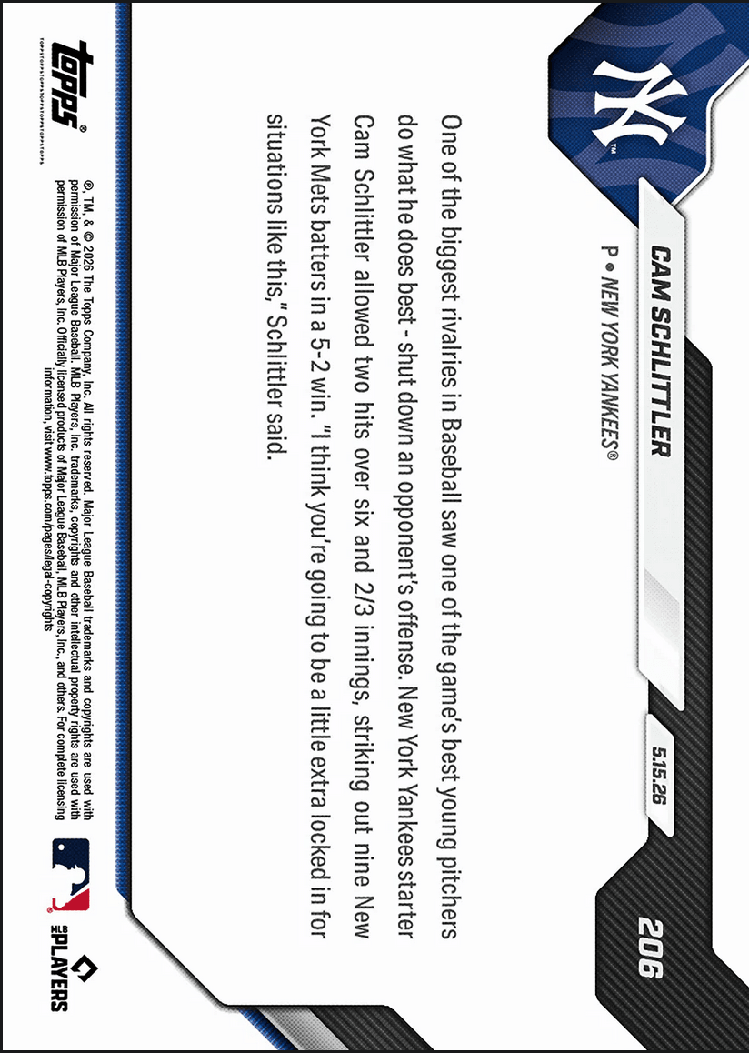 2026 Topps Now Cam Schlittler #206 Dazzles with 9Ks in Winning Subway Series Debut New York Yankees Rookie RC Baseball Card