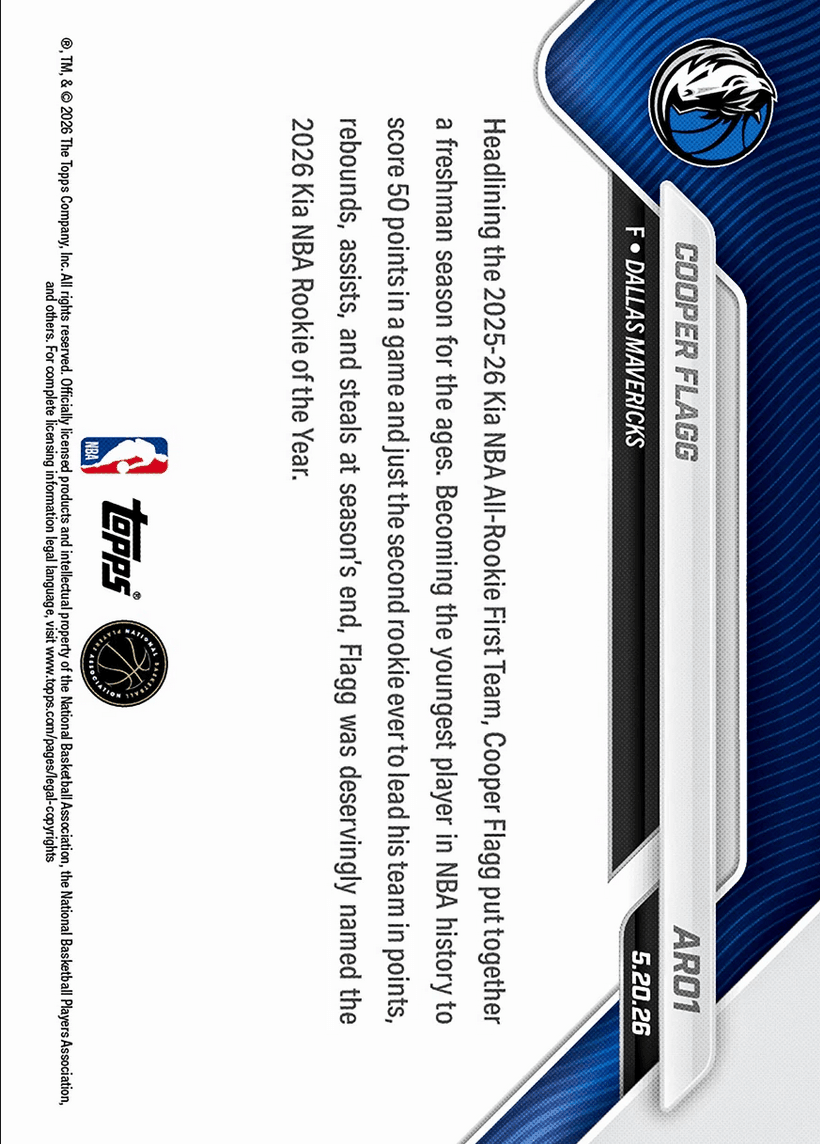 2025 Topps Now Cooper Flagg #AR01 2025-26 KIA NBA All Rookie First Team Selection Dallas Mavericks Rookie RC Basketball Card