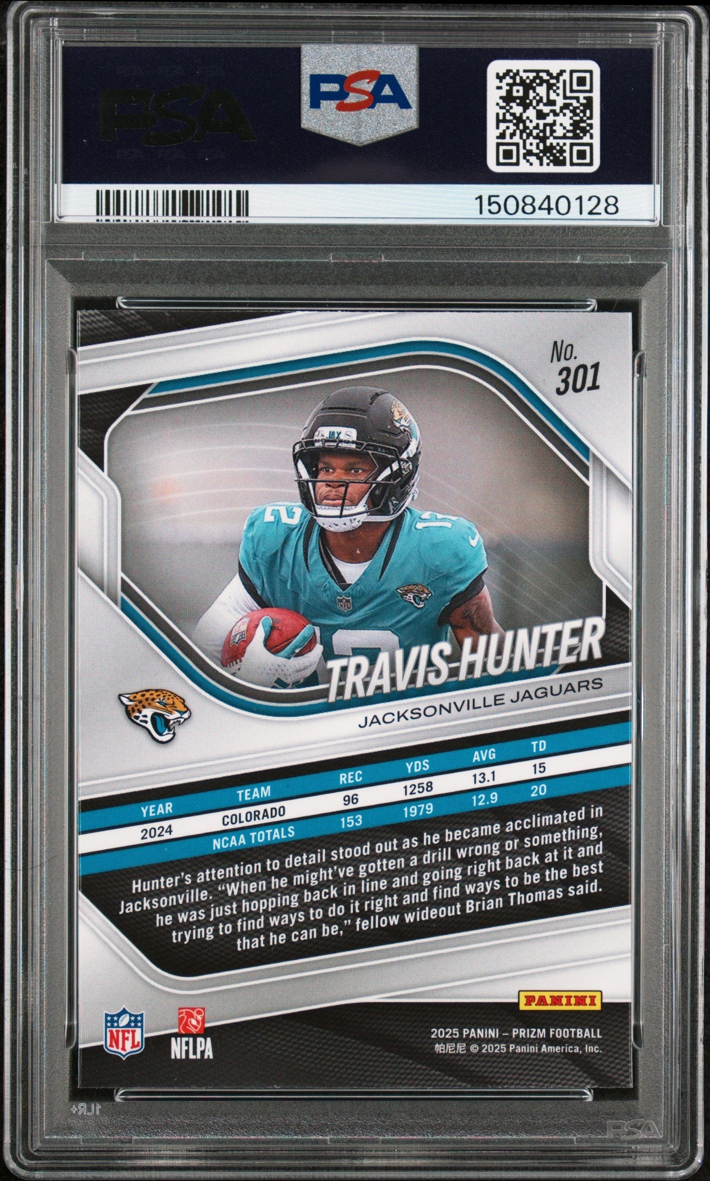 Graded 2025 Panini Prizm Travis Hunter #301 Rookie RC Football Card PSA 10 Gem Mint