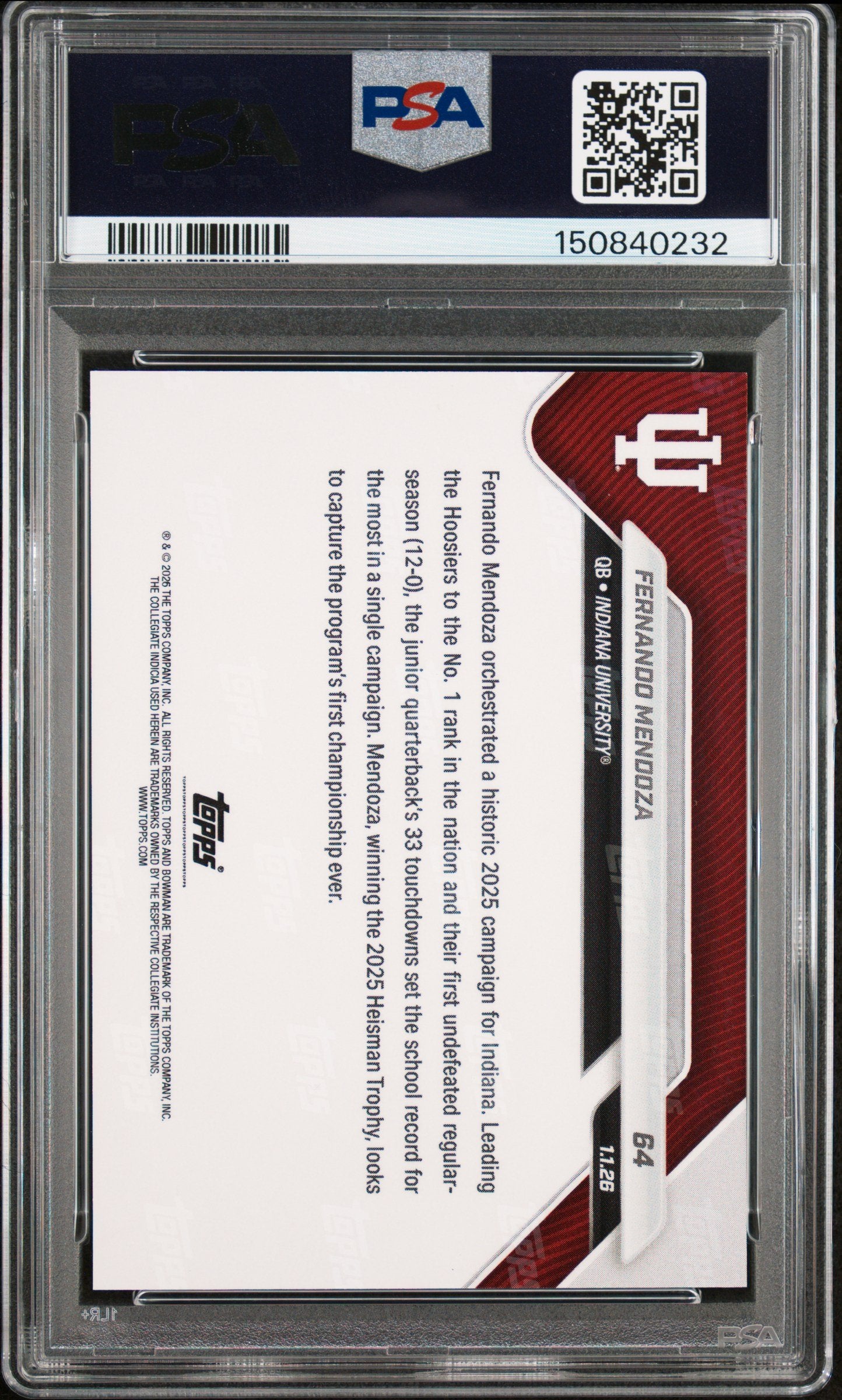 Graded 2025 Topps Bowman U Now Fernando Mendoza #64 Rookie RC Football Card PSA 10 Gem Mint