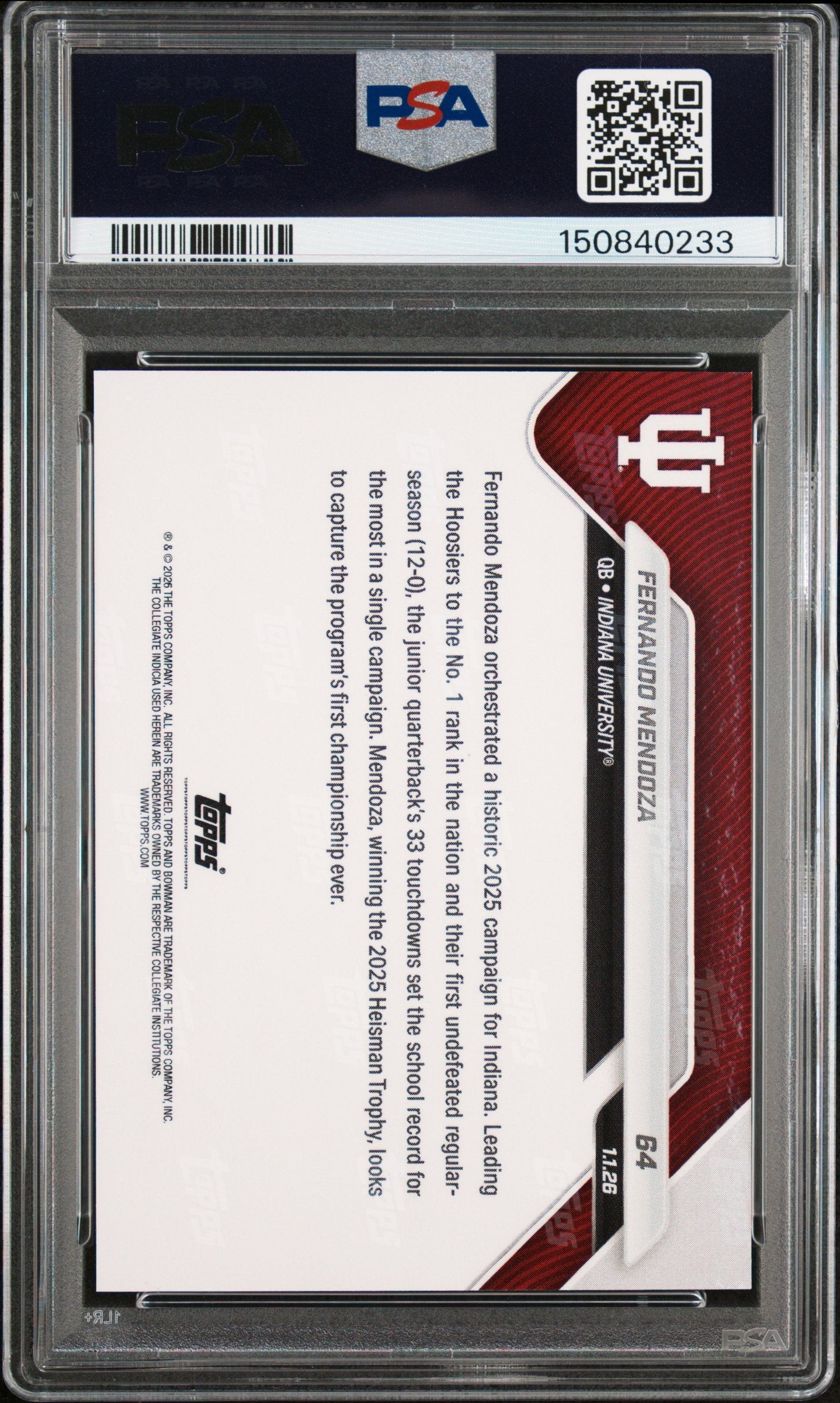 Graded 2025 Topps Bowman U Now Fernando Mendoza #64 Rookie RC Football Card PSA 9 Mint
