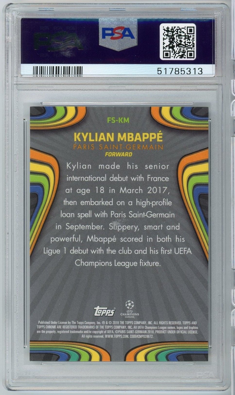Graded 2017 Topps Chrome UEFA Kylian Mbappe #FS-KM Champions League Future Stars Soccer Card PSA 10 Gem Mint