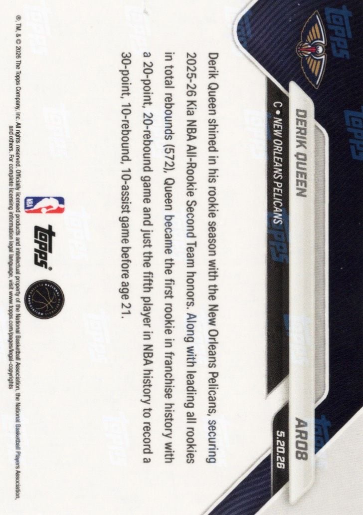 2025 Topps Now Derik Queen #AR08 Orange Foil /50 2025-26 KIA NBA All Rookie Second Team Selection New Orleans Pelicans Rookie RC Basketball Card