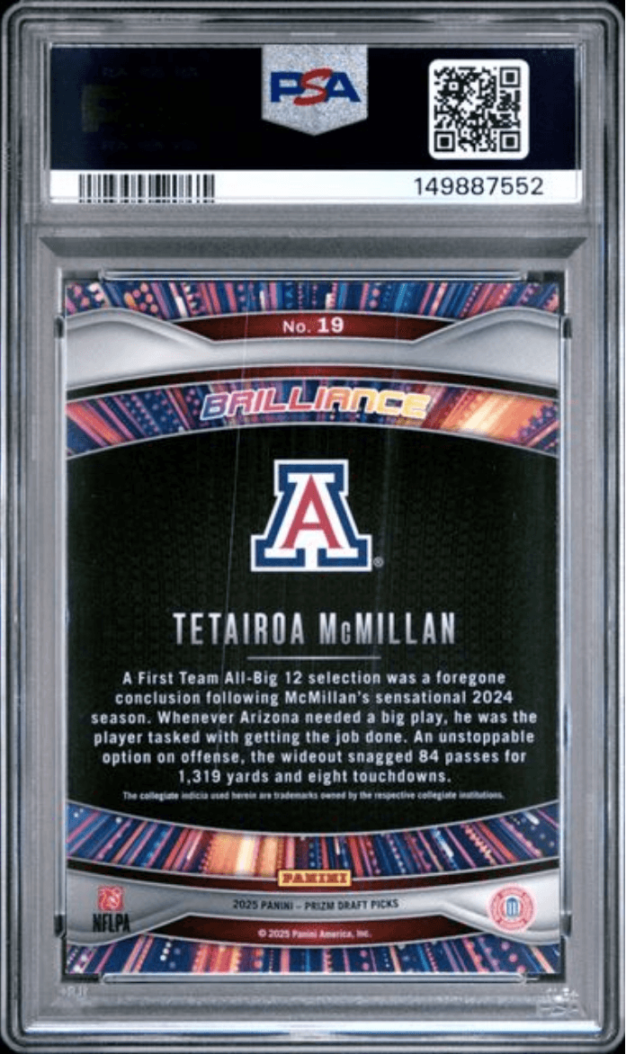 Graded 2025 Panini Prizm Draft Picks Tetairoa McMillan #19 Brilliance Rookie RC Football Card PSA 10 Gem Mint