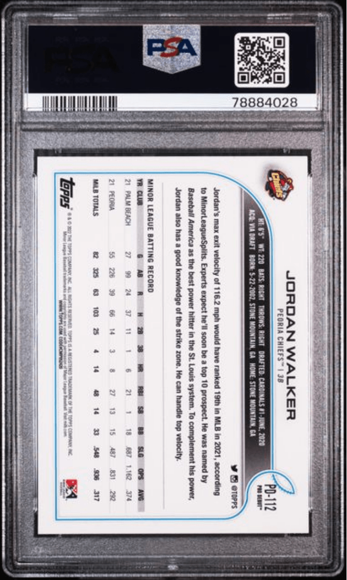 Graded 2022 Topps Pro Debut Jordan Walker #PD112 Rookie RC Baseball Card PSA 10 Gem Mint
