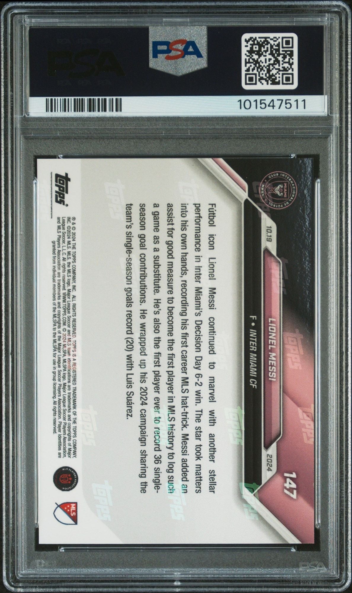 Graded 2024 Topps Now MLS Lionel Messi #147 1st MLS Hat-Trick Soccer Card PSA 10 Gem Mint