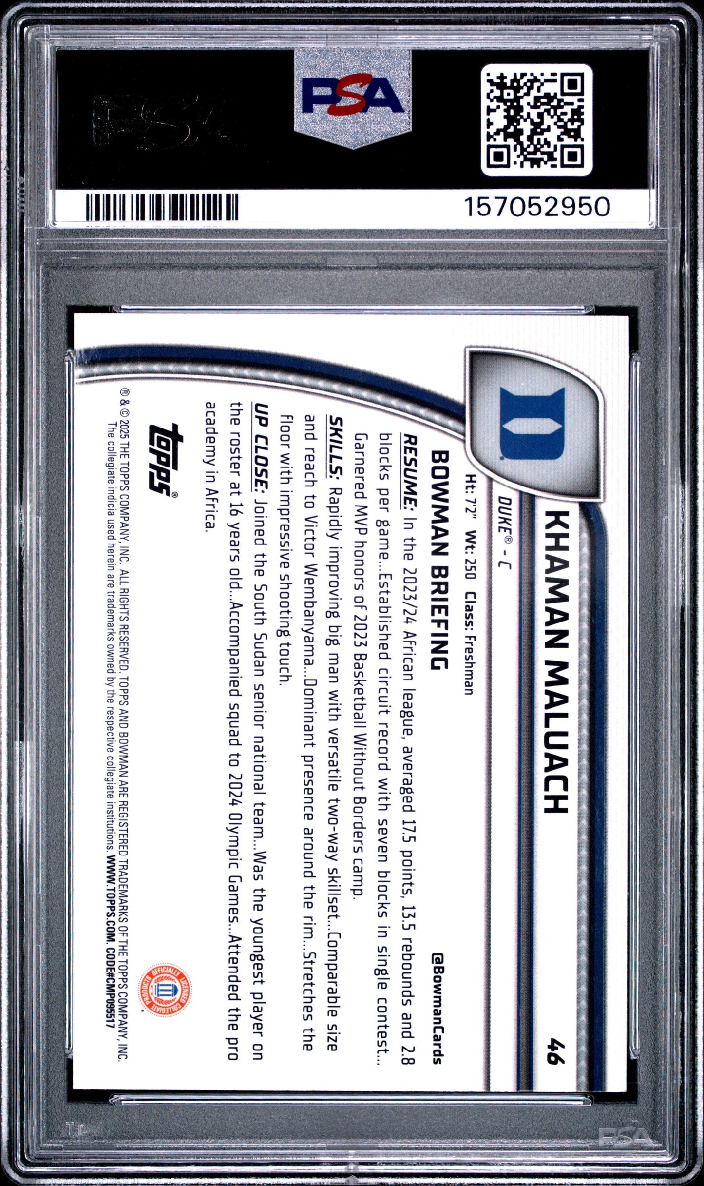 Graded 2024 Bowman University Chrome Khaman Maluach #46 Green Shimmer Refractor Rookie RC Basketball Card PSA 10 Gem Mint