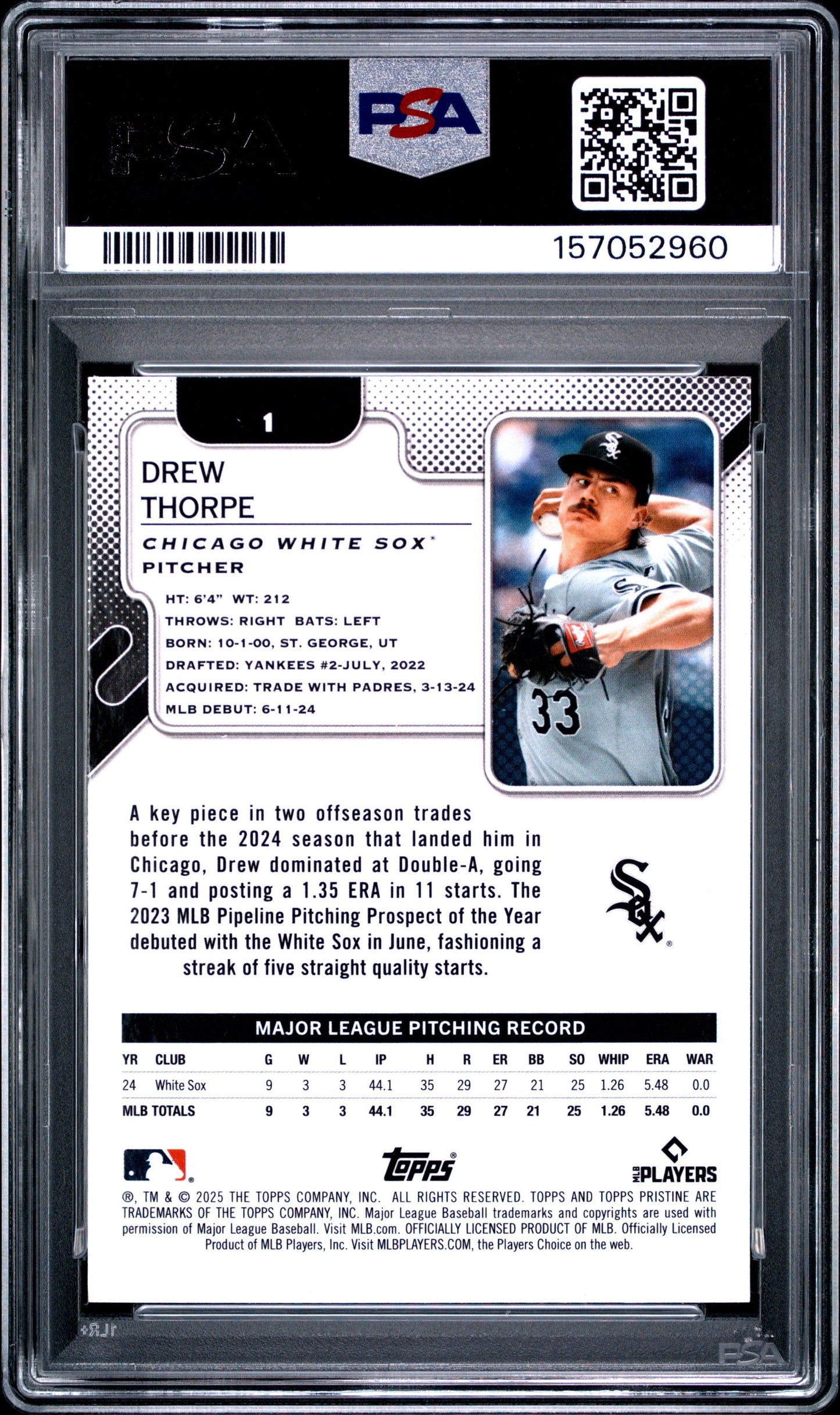 Graded 2025 Topps Pristine Drew Thorpe #1 Aqua Refractor /199 Rookie RC Baseball Card PSA 9 Mint