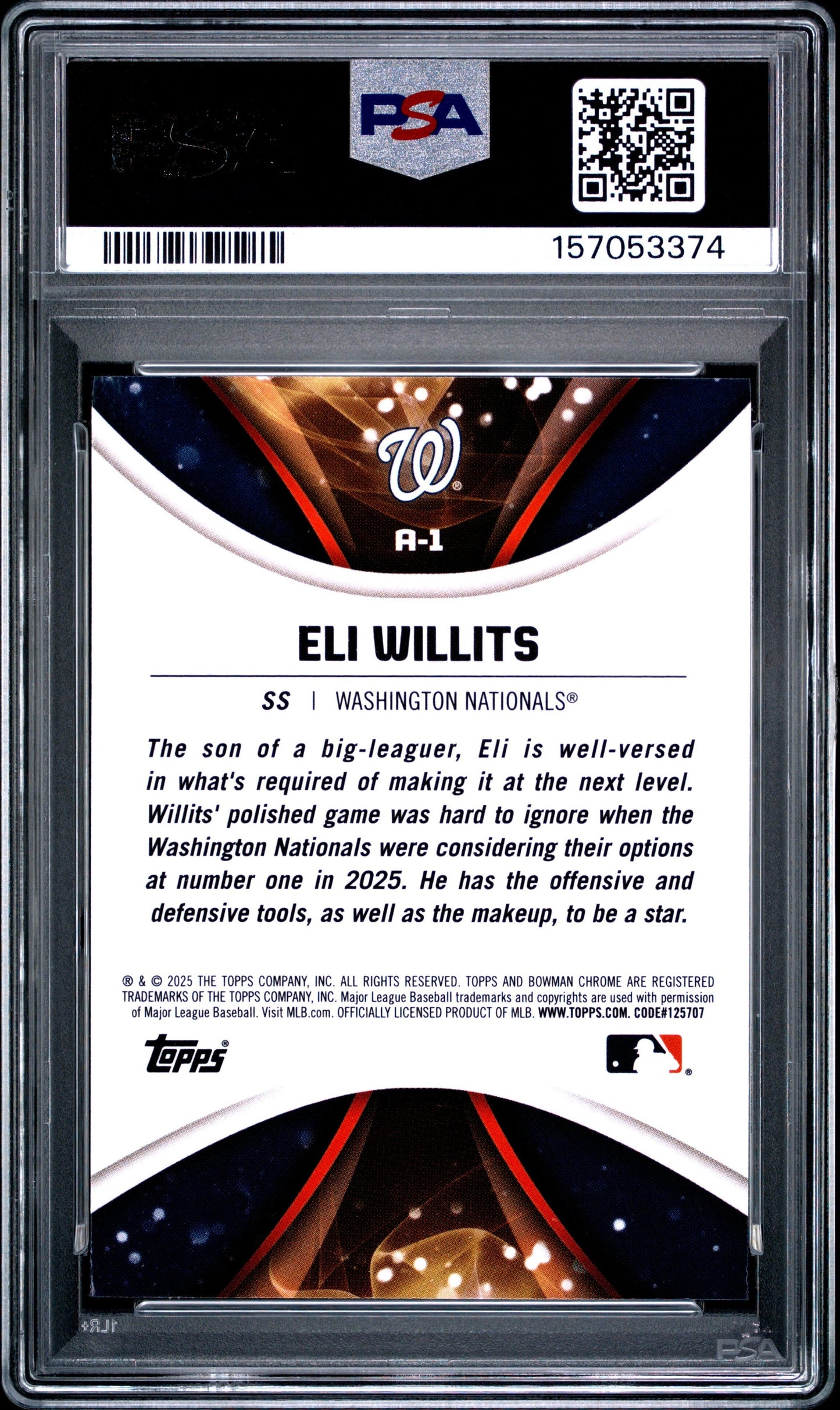 Graded 2025 Topps Bowman Draft Eli Willits #A1 Axis Rookie RC Baseball Card PSA 10 Gem Mint