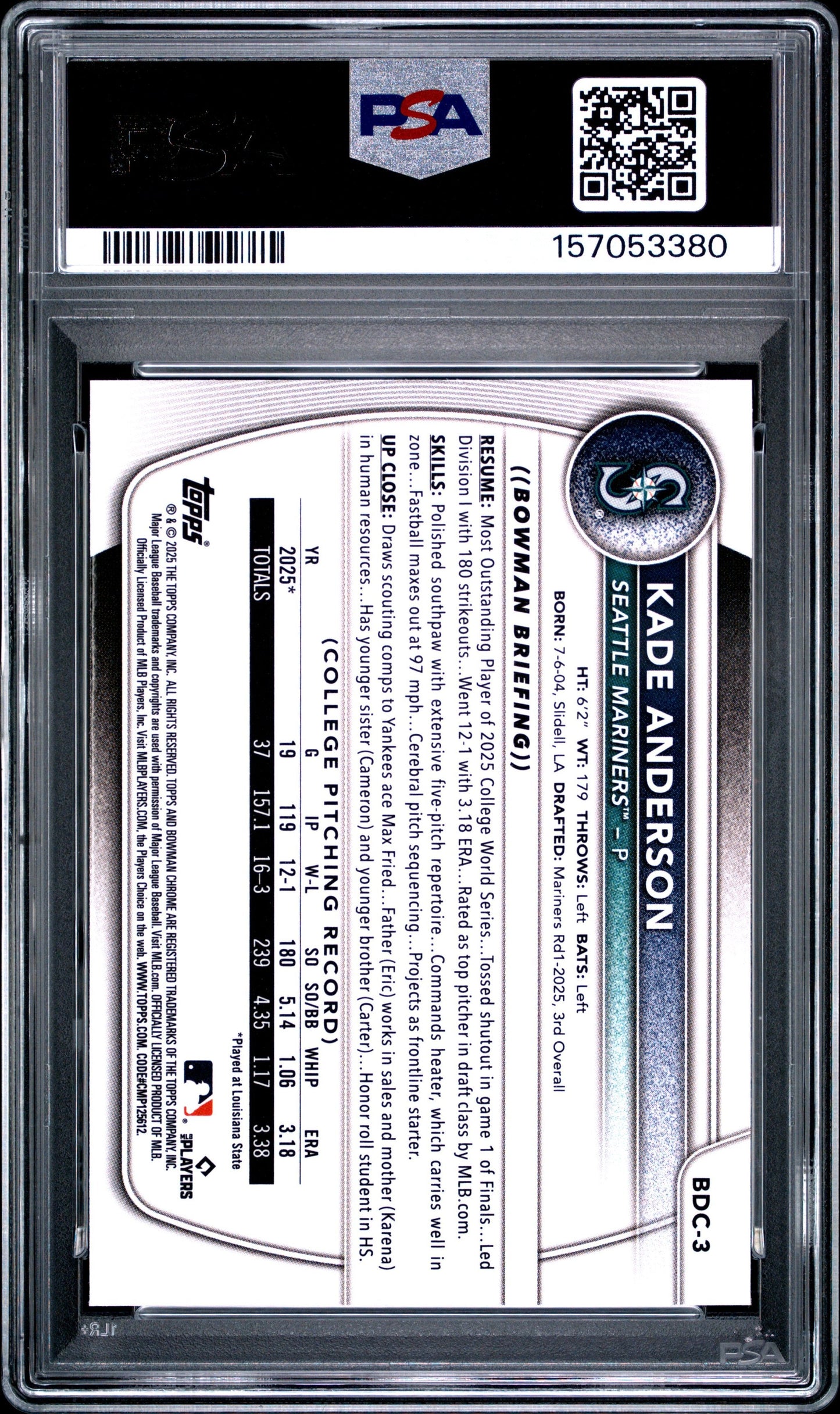 Graded 2025 Topps Bowman Draft Kade Anderson #BDC3 Chrome Rookie RC Baseball Card PSA 10 Gem Mint