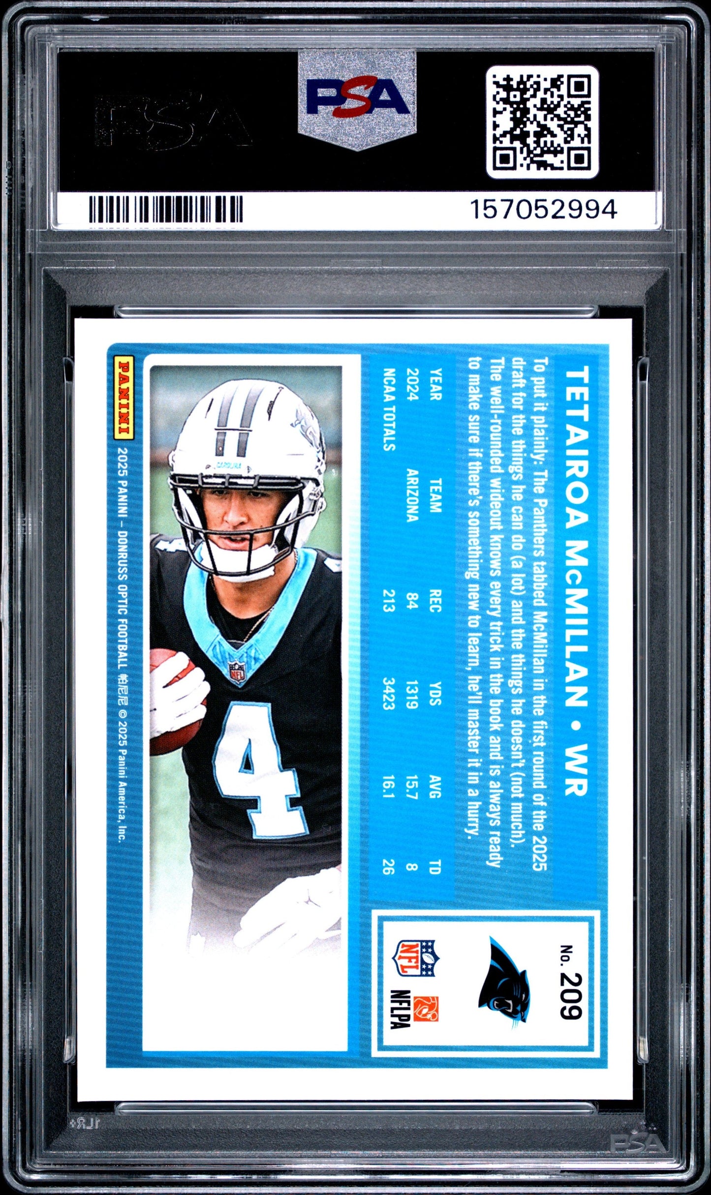 Graded 2025 Panini Donruss Optic Tetairoa McMillan #209 Rookie RC Football Card PSA 8 Near Mint
