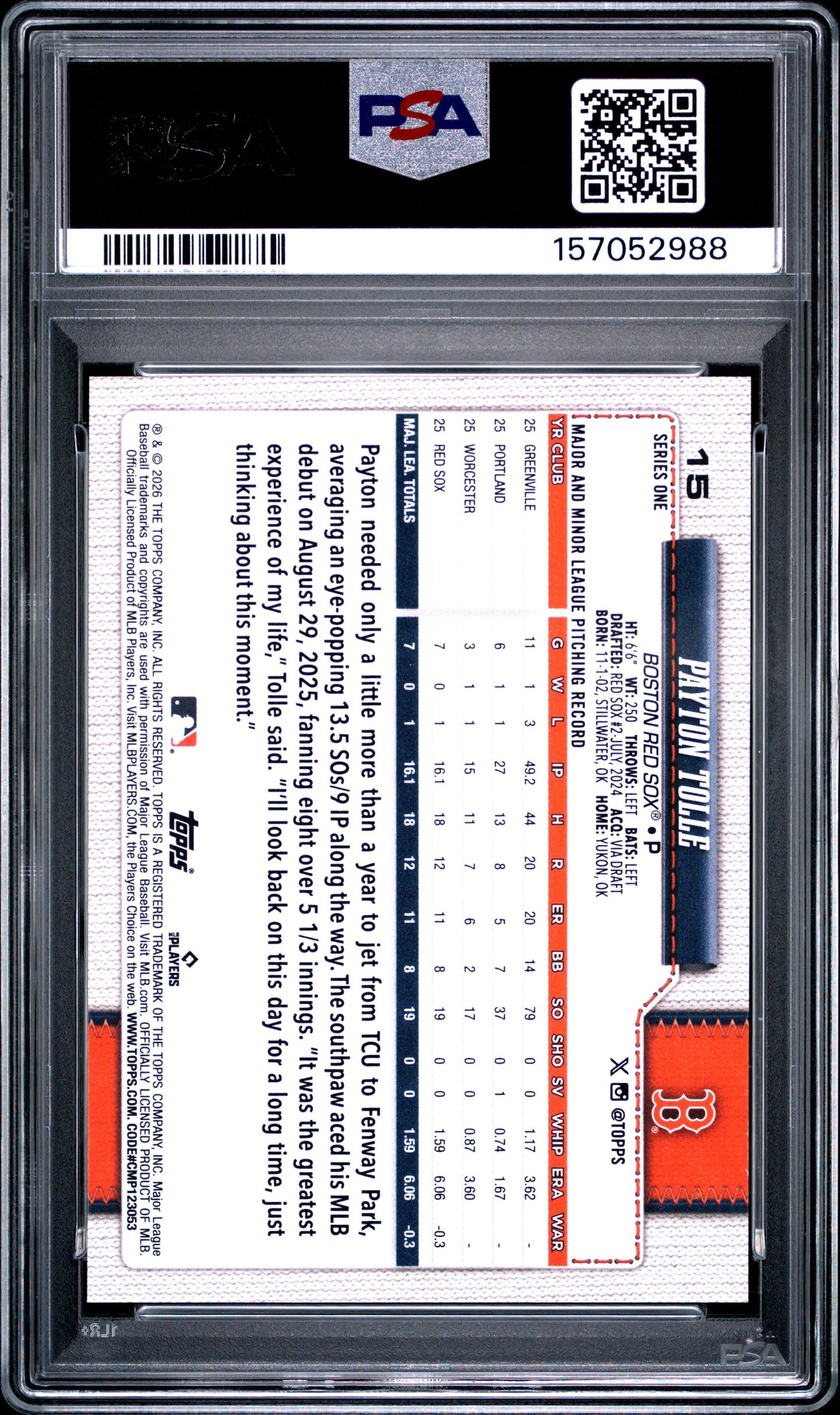 Graded 2026 Topps Payton Tolle #15 Rookie RC Baseball Card PSA 10 Gem Mint