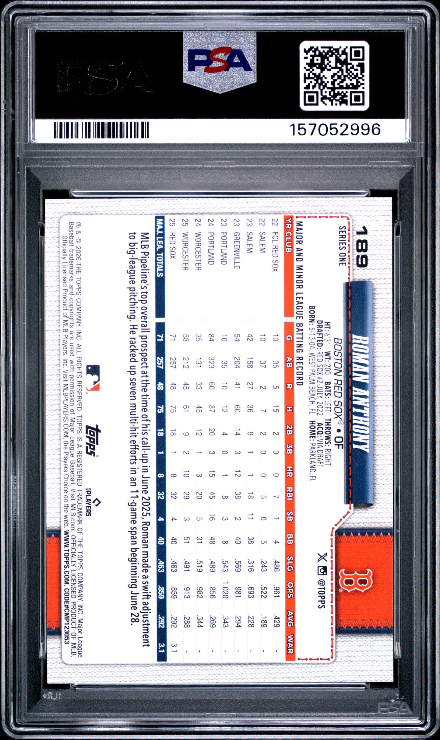 Graded 2026 Topps Roman Anthony #189 Rookie RC Baseball Card PSA 9 Mint