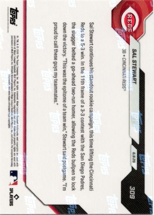 2026 Topps Now Sal Stewart #309 Foilfractor 1/1 2nd Home Run in 11th Delivers Reds Win in San Diego Cincinnati Reds Rookie RC Baseball Card