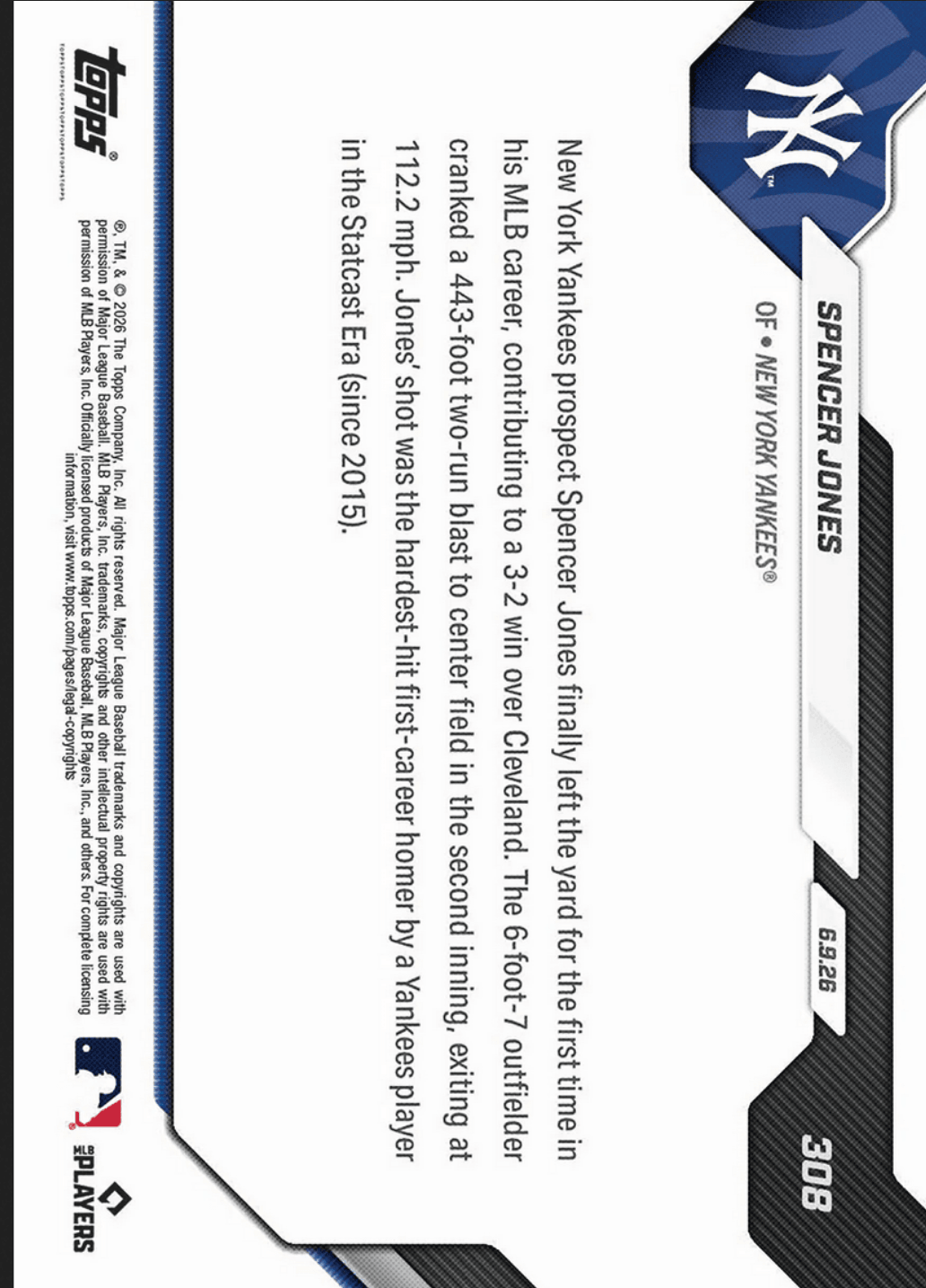 2026 Topps Now Spencer Jones #308 Black Foil /10 Hardest Hit 1st Home Run by Club Player in Statcast Era New York Yankees Rookie RC Baseball Card