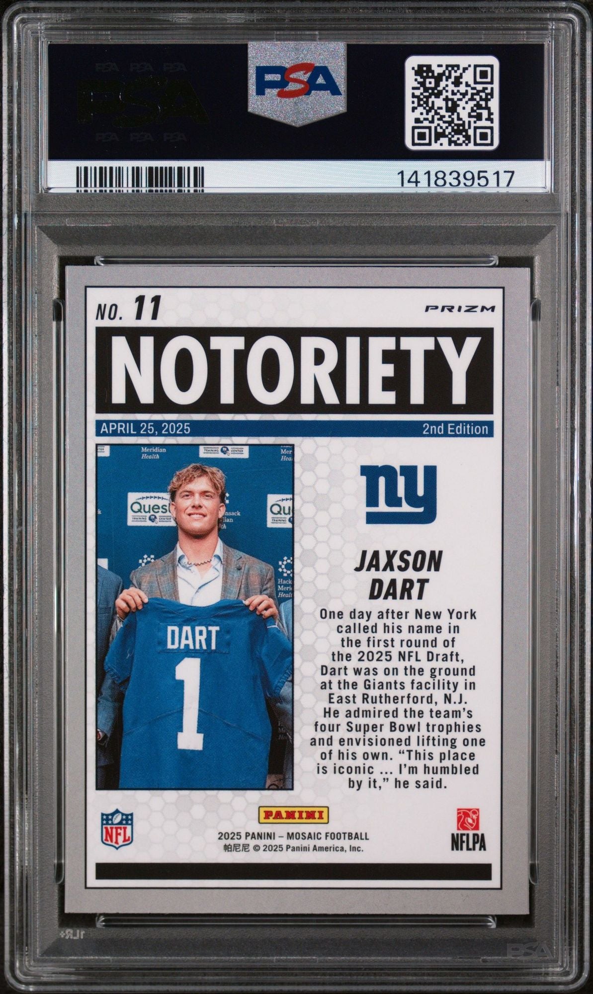 Graded 2025 Panini Mosaic Jaxson Dart #11 Notoriety Green Rookie RC Football Card PSA 10 Gem Mint