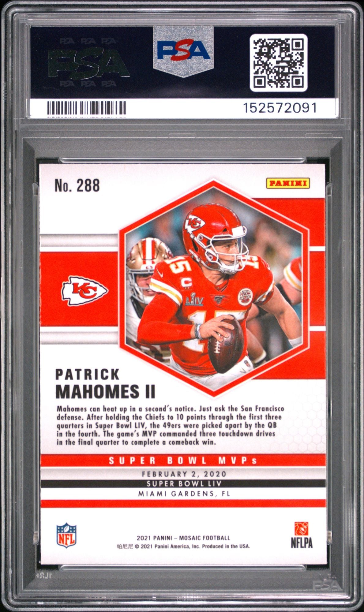 Graded 2021 Panini Mosaic Patrick Mahomes II #288 Super Bowl LIV MVP Football Card PSA 10 Gem Mint