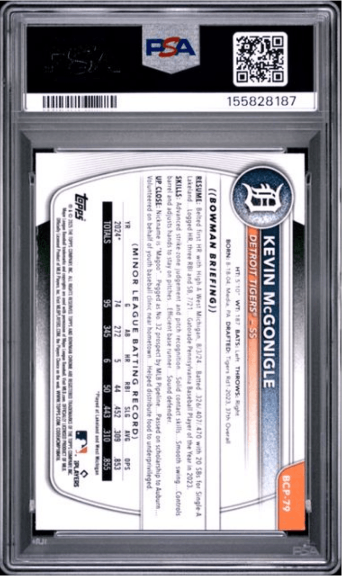Graded 2025 Topps Bowman Kevin McGonigle #BCP79 Chrome Prospect Reptilian Refractor Rookie RC Baseball Card PSA 9 Mint