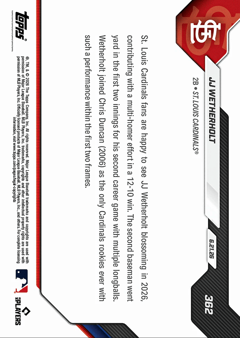2026 Topps Now JJ Wetherholt #362 2nd Club Rookie with Home Runs in 1st Two Innings St Louis Cardinals Rookie RC Baseball Card