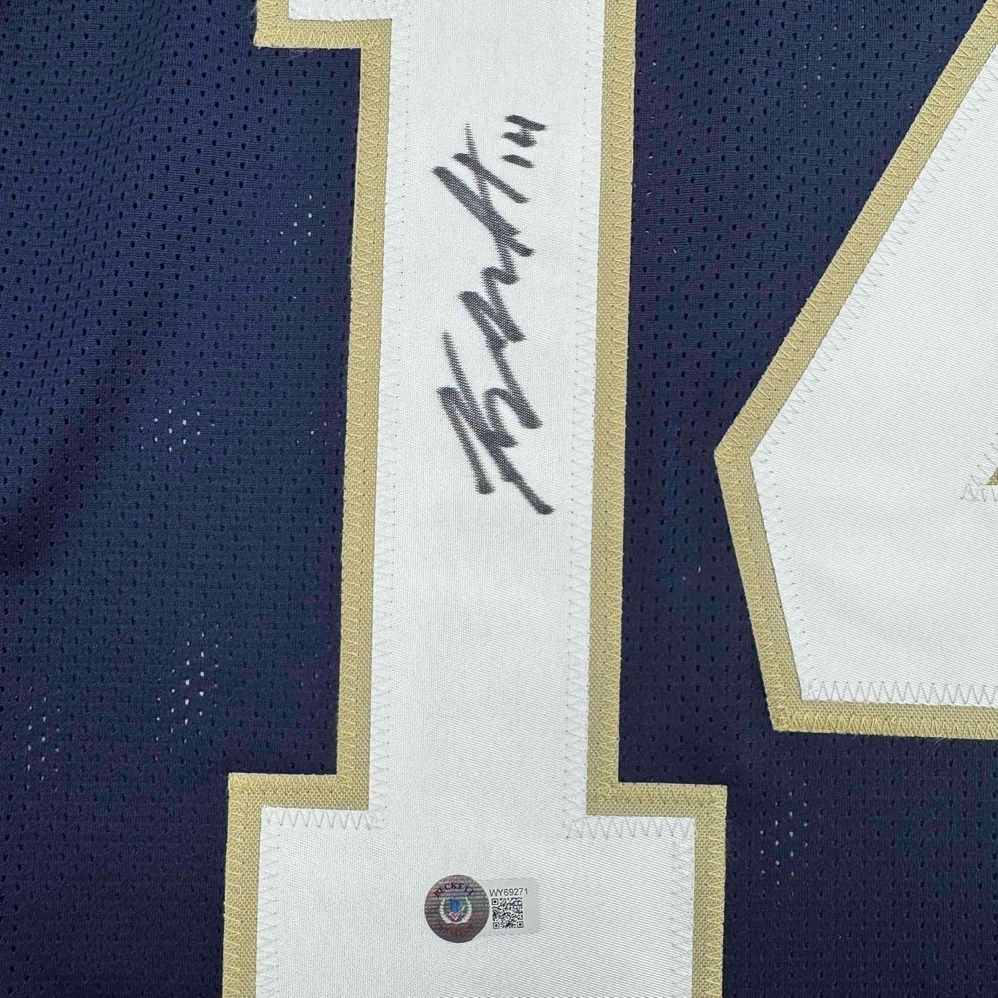 Framed Autographed/Signed Kyle Hamilton 35x39 Notre Dame Blue College Football Jersey Beckett BAS COA