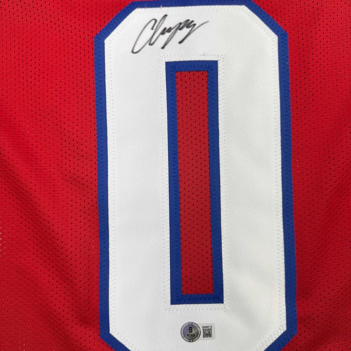 Framed Autographed/Signed Christian Gonzalez 35x39 New England Red Football Jersey Beckett BAS COA