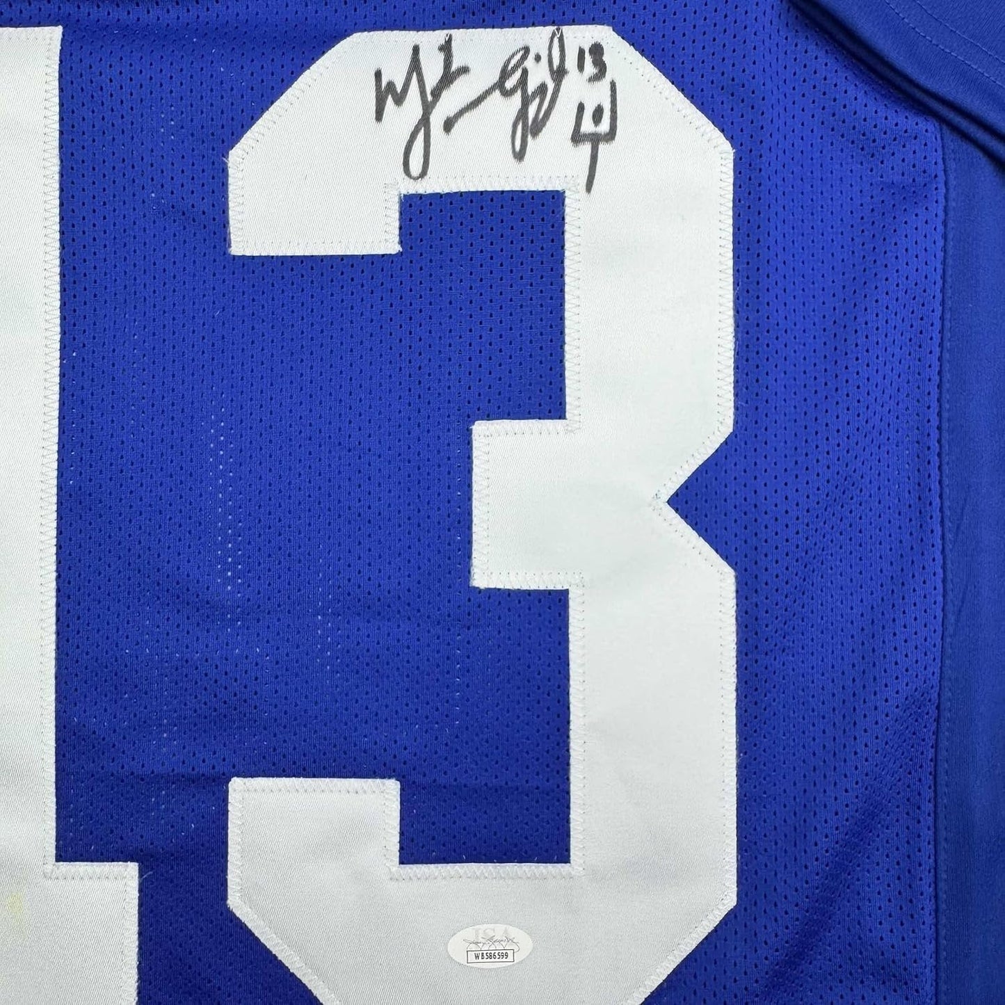 Framed Autographed/Signed Mike Vanderjagt 35x39 Indianapolis Blue Football Jersey JSA COA