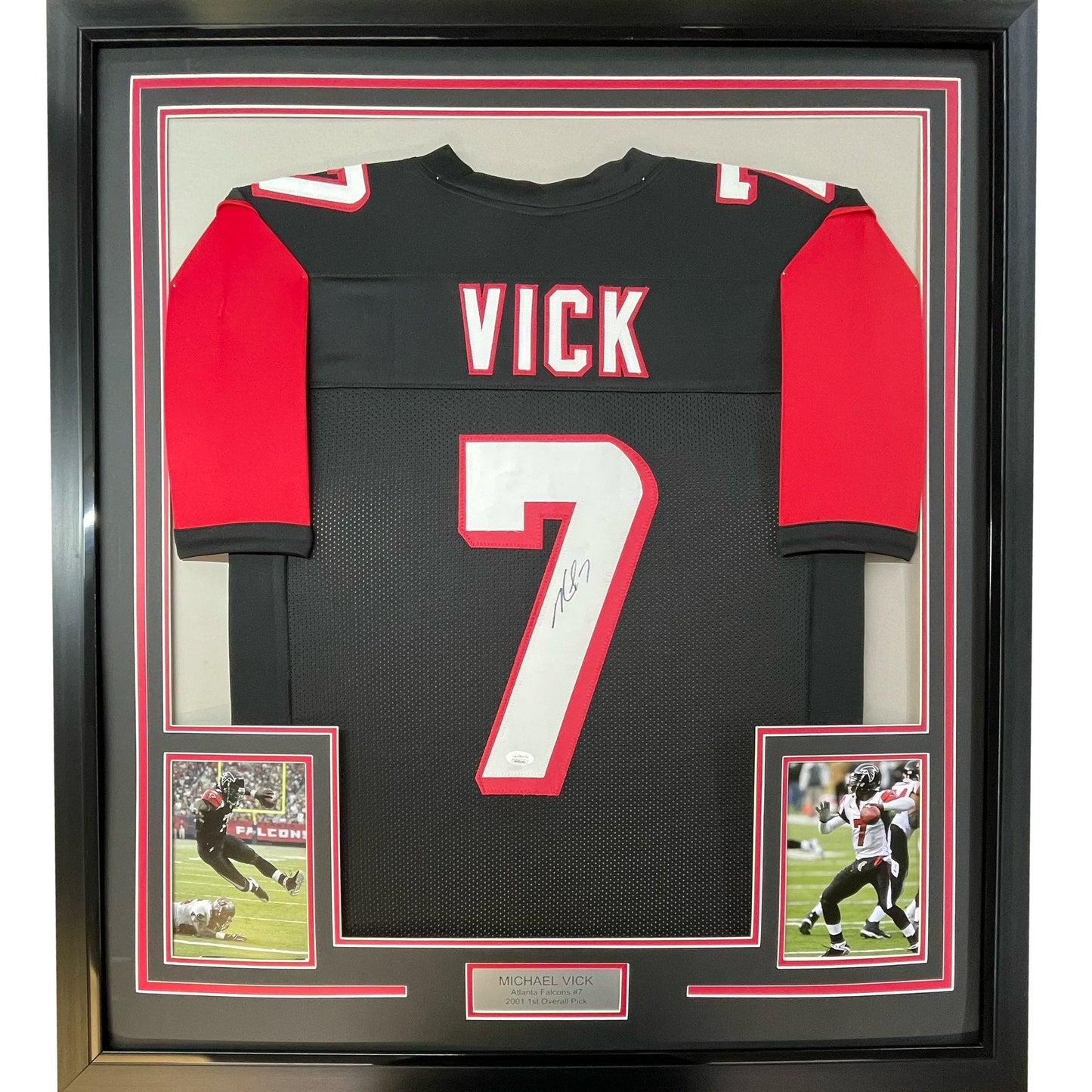 Framed Autographed/Signed Michael Mike Vick 35x39 Atlanta Black Football Jersey PSA/DNA COA