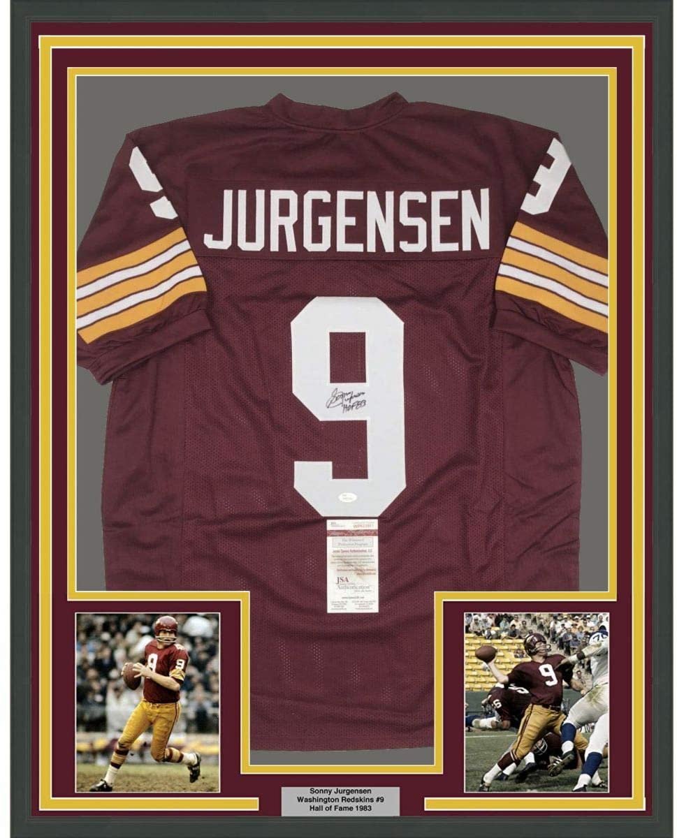 Framed Autographed/Signed Sonny Jurgensen HOF 83 35x39 Washington Burgundy Football Jersey JSA COA