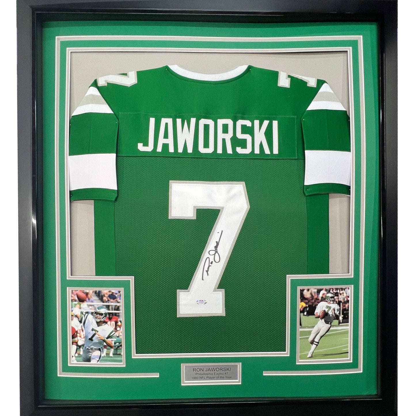 Framed Autographed/Signed Ron Jaworski 35x39 Philadelphia Green Football Jersey JSA COA