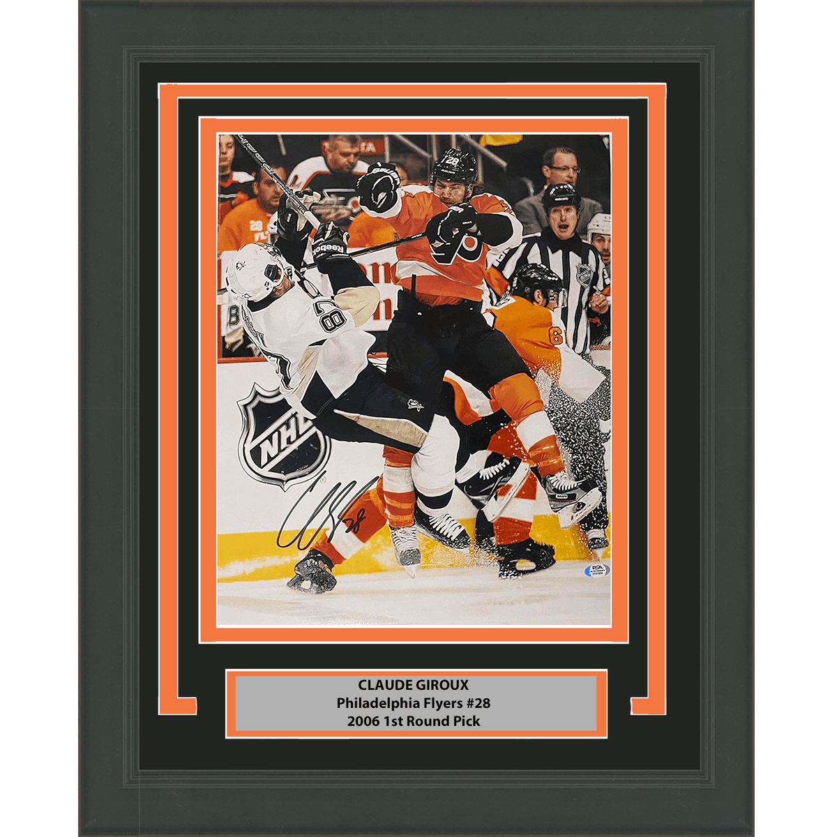 Framed Autographed/Signed Claude Giroux Philadelphia Flyers Sidney Crosby Hit 16x20 Hockey Photo PSA/DNA COA