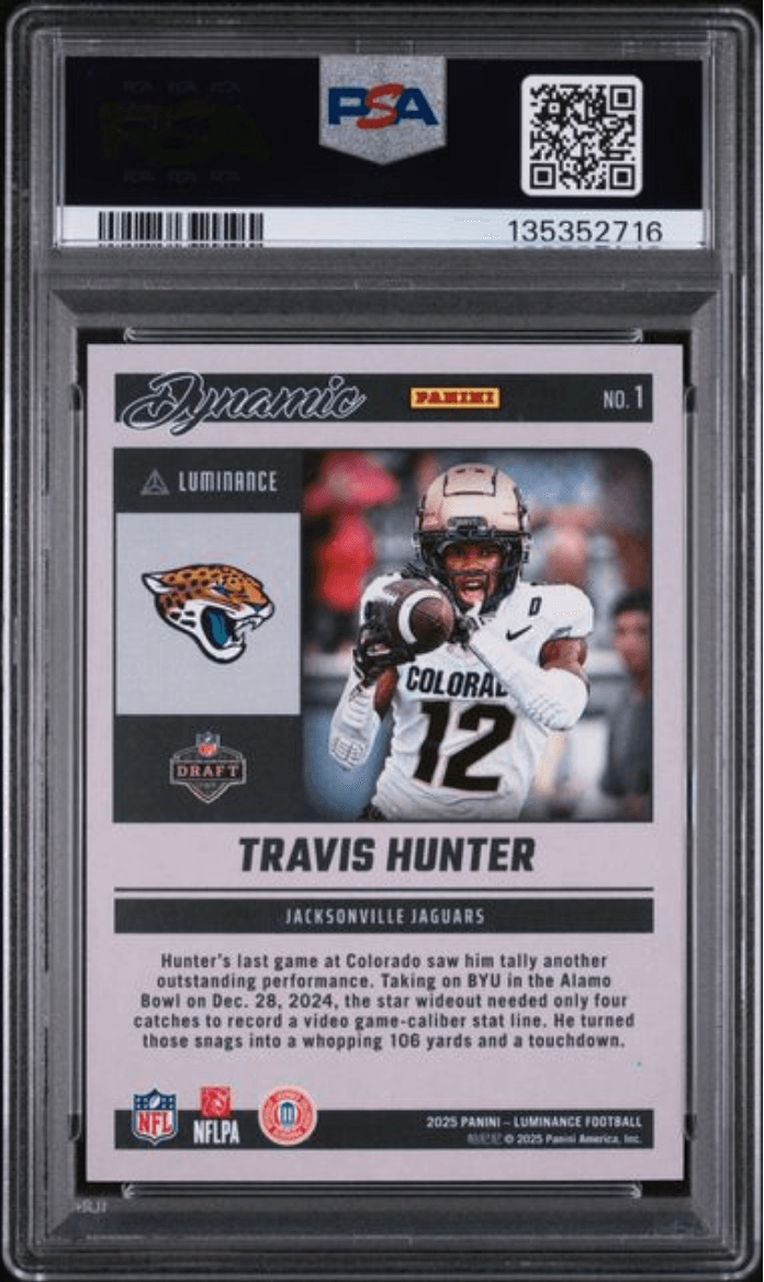 Graded 2025 Panini Luminance Travis Hunter #1 Dynamic Rookies Orange /100 Rookie RC Football Card PSA 10 Gem Mint