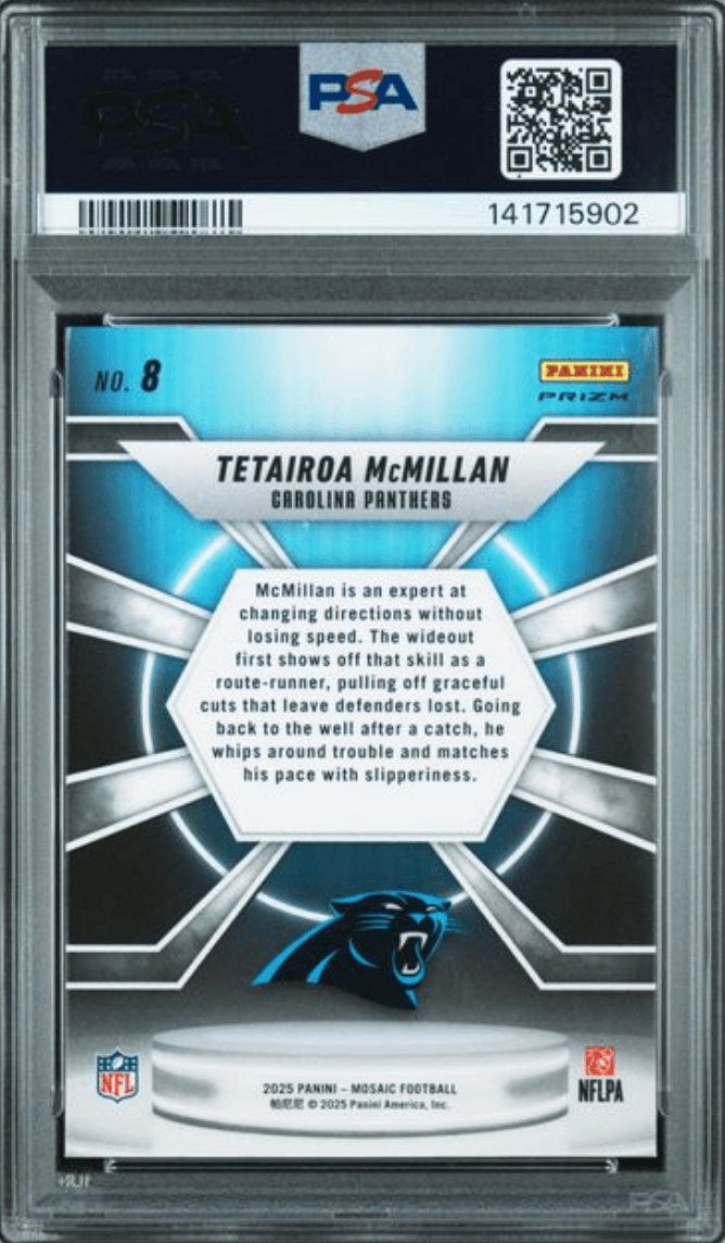 Graded 2025 Panini Mosaic Tetairoa McMillan #8 Center Stage Rookie RC Football Card PSA 10 Gem Mint