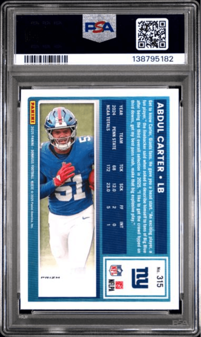 Graded 2025 Panini Donruss Abdul Carter #315 Optic Preview Red Pandora Rookie RC Football Card PSA 10 Gem Mint