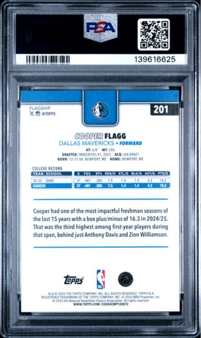Graded 2025 Topps Cooper Flagg #201 Rookie RC Basketball Card PSA 9 Mint