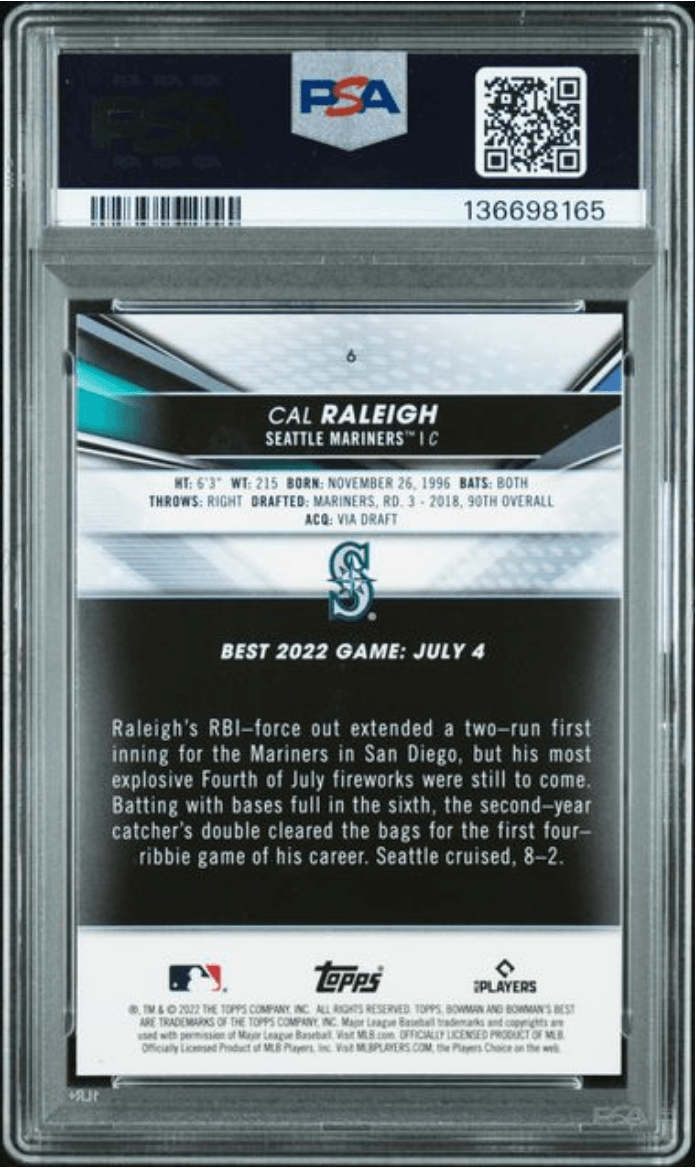 Graded 2022 Topps Bowmans Best Cal Raleigh #6 Rookie RC Baseball Card PSA 10 Gem Mint