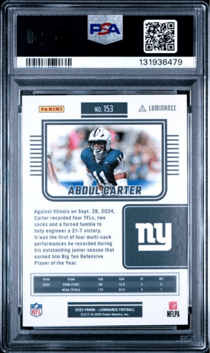 Graded 2025 Panini Luminance Abdul Carter #153 Orange /50 Rookie RC Football Card PSA 10 Gem Mint