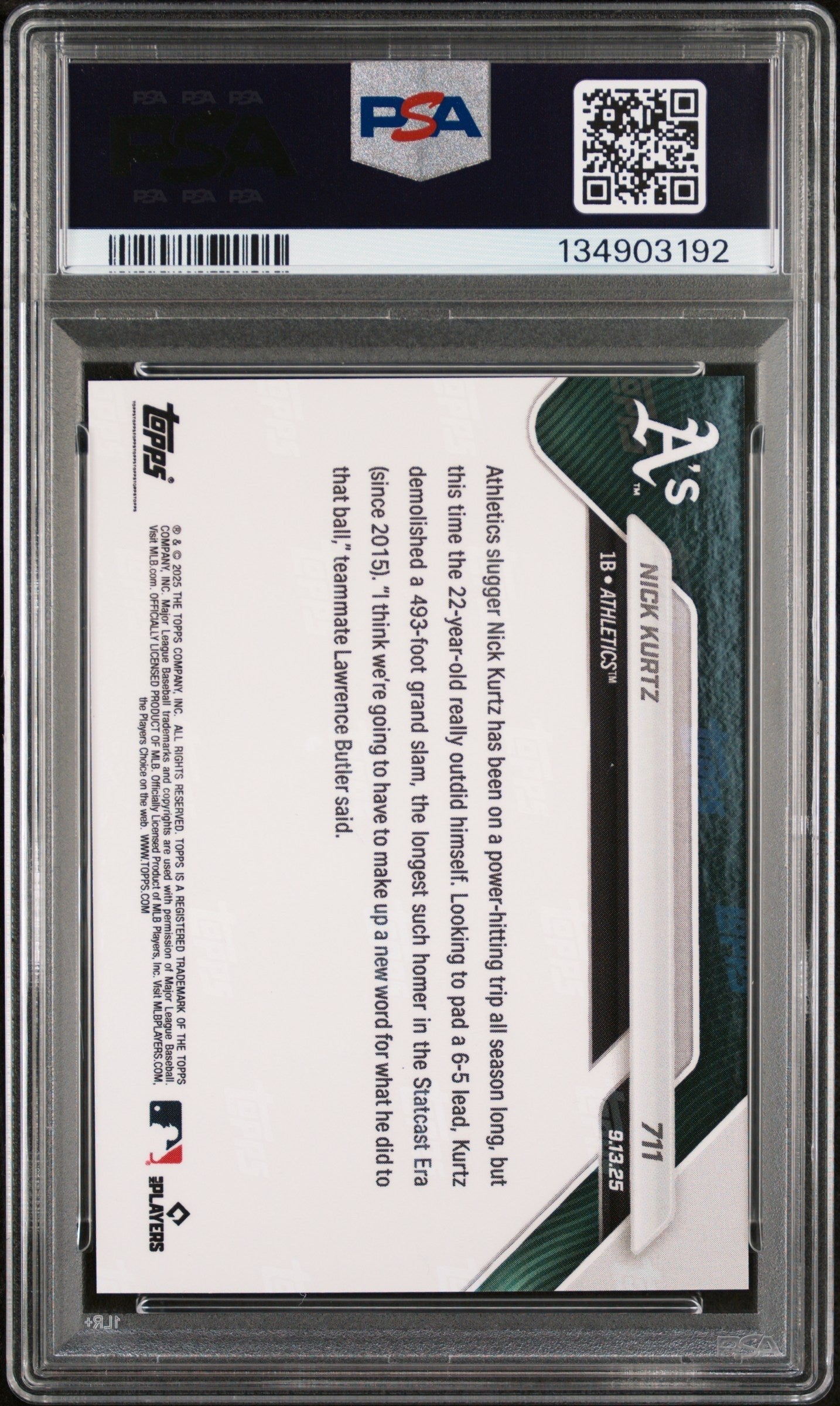 Graded 2025 Topps Now Nick Kurtz #711 Rookie RC Baseball Card PSA 10 Gem Mint