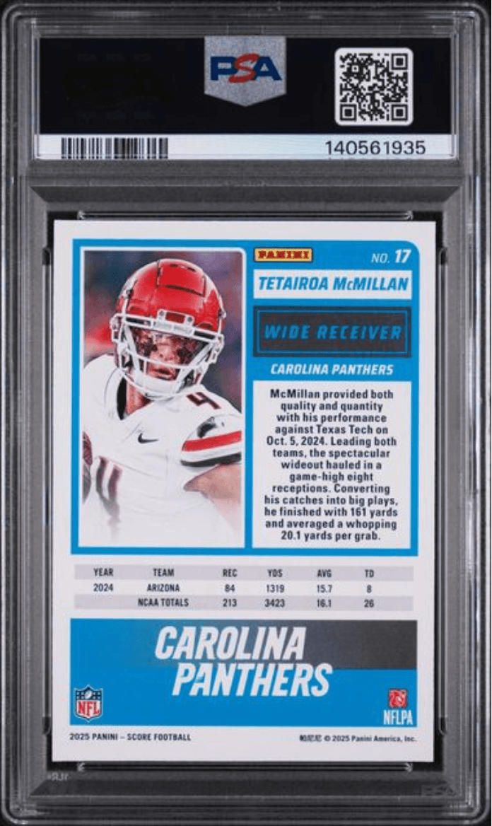 Graded 2025 Panini Score Tetairoa McMillan #17 Rookie RC Football Card PSA 10 Gem Mint